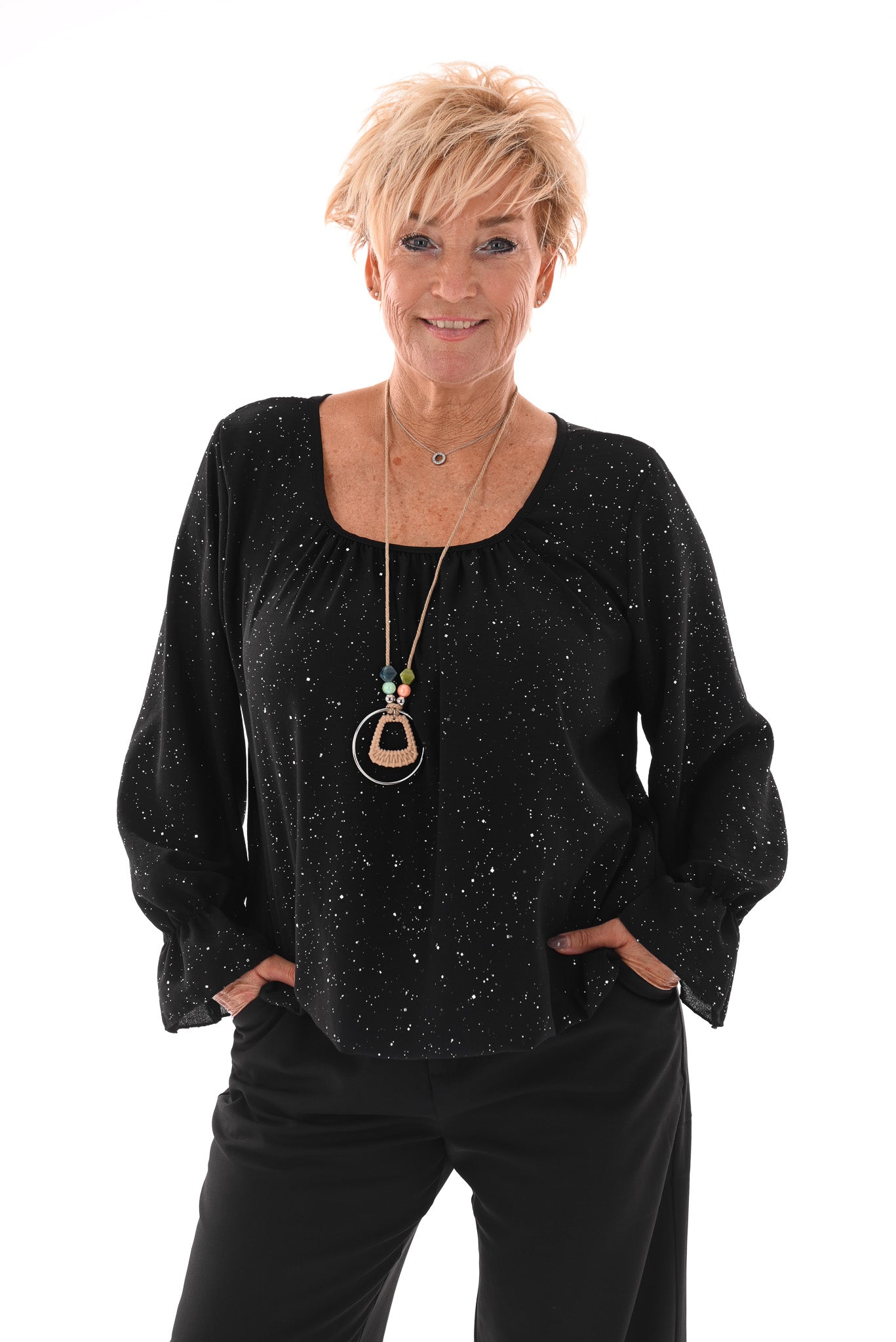 Ballon top glitter trompetmouwen met ketting zwart