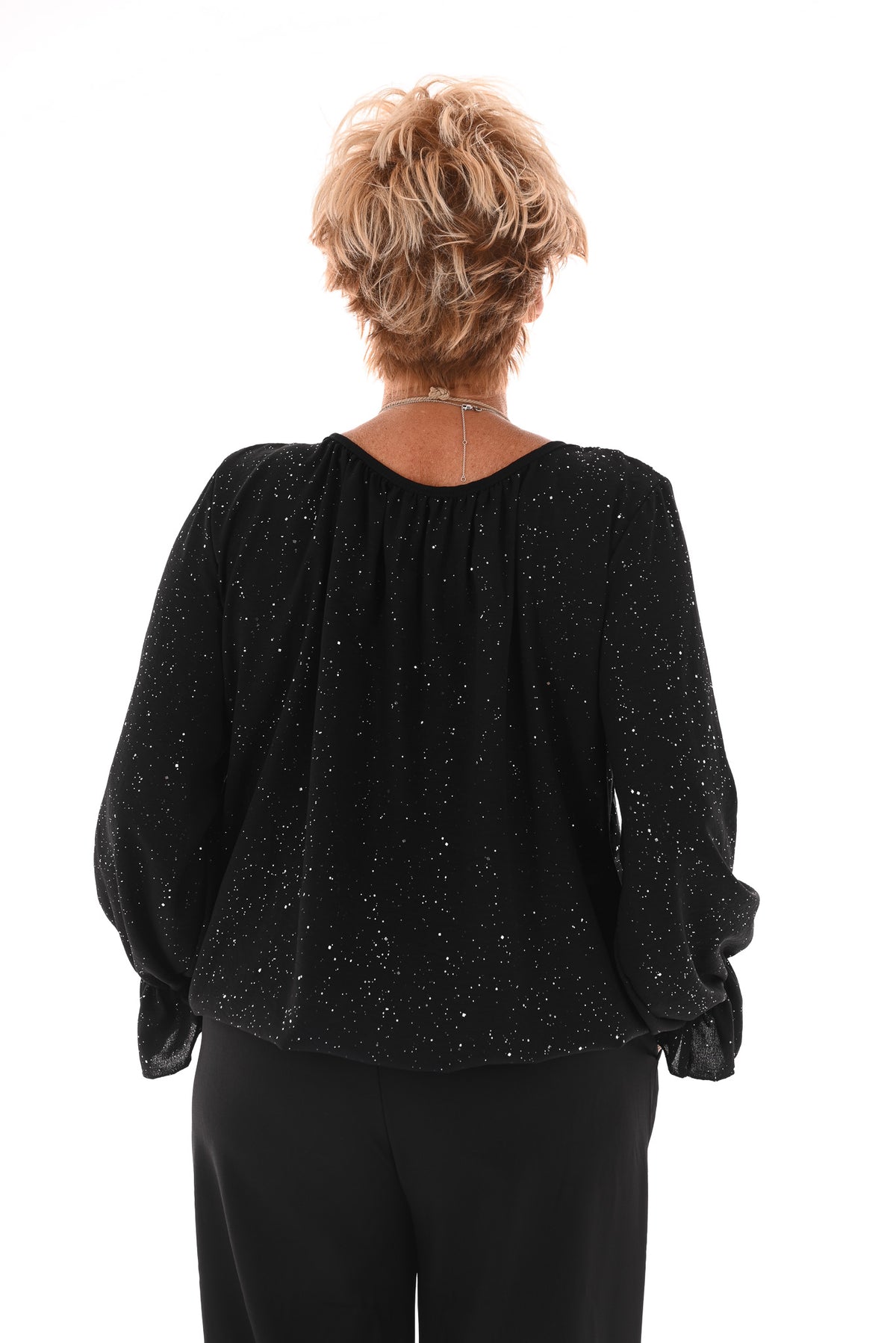 Ballon top glitter trompetmouwen met ketting zwart