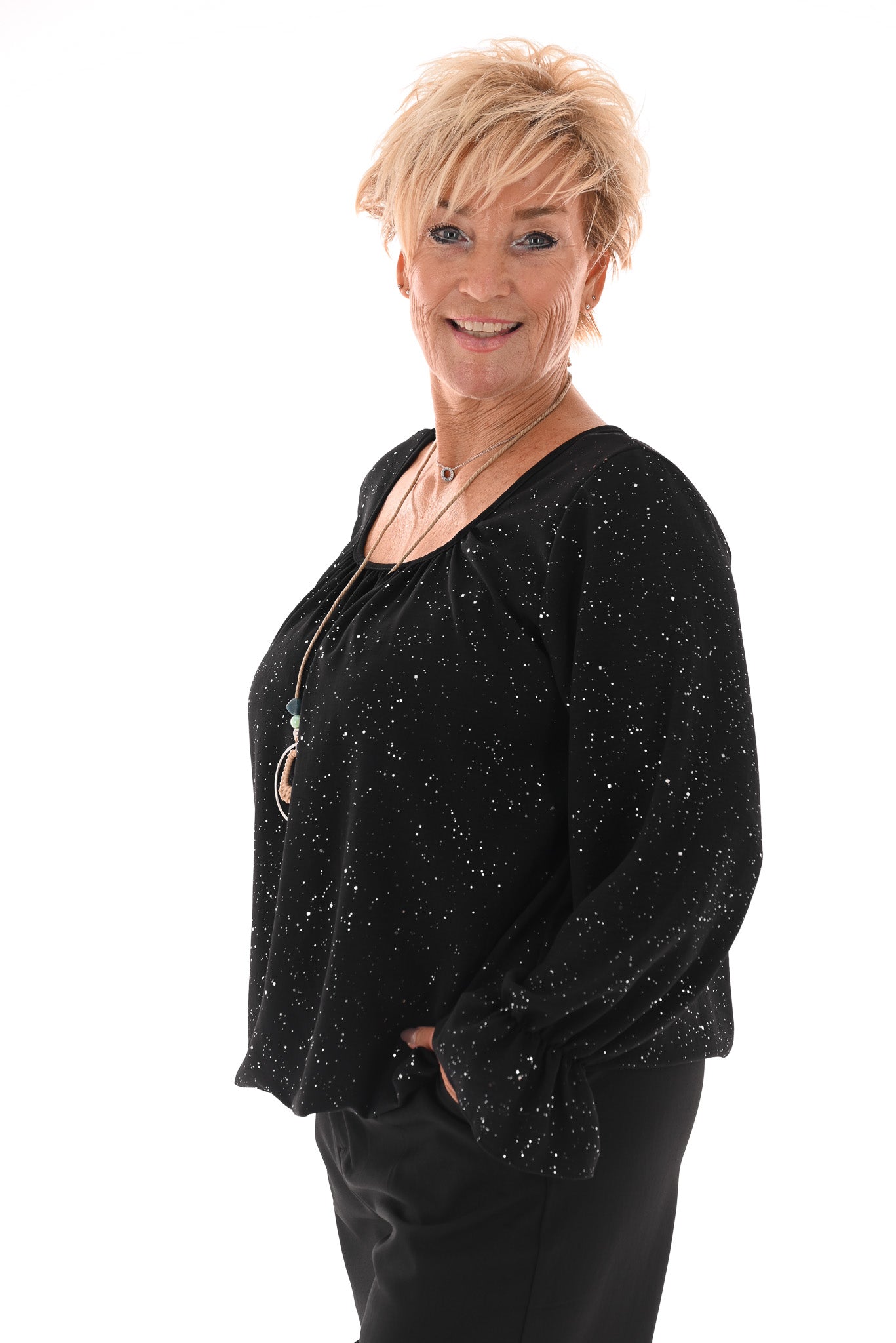 Ballon top glitter trompetmouwen met ketting zwart