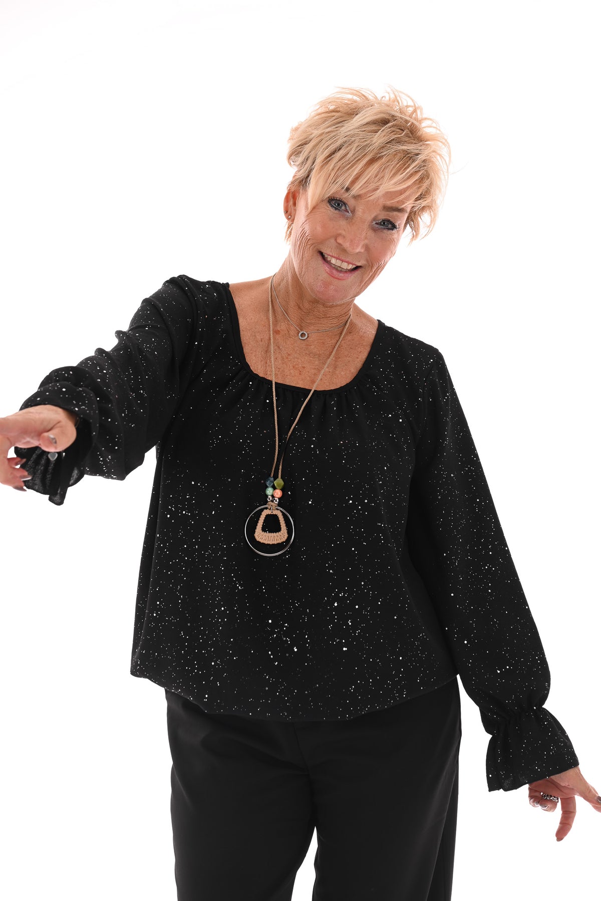 Ballon top glitter trompetmouwen met ketting zwart