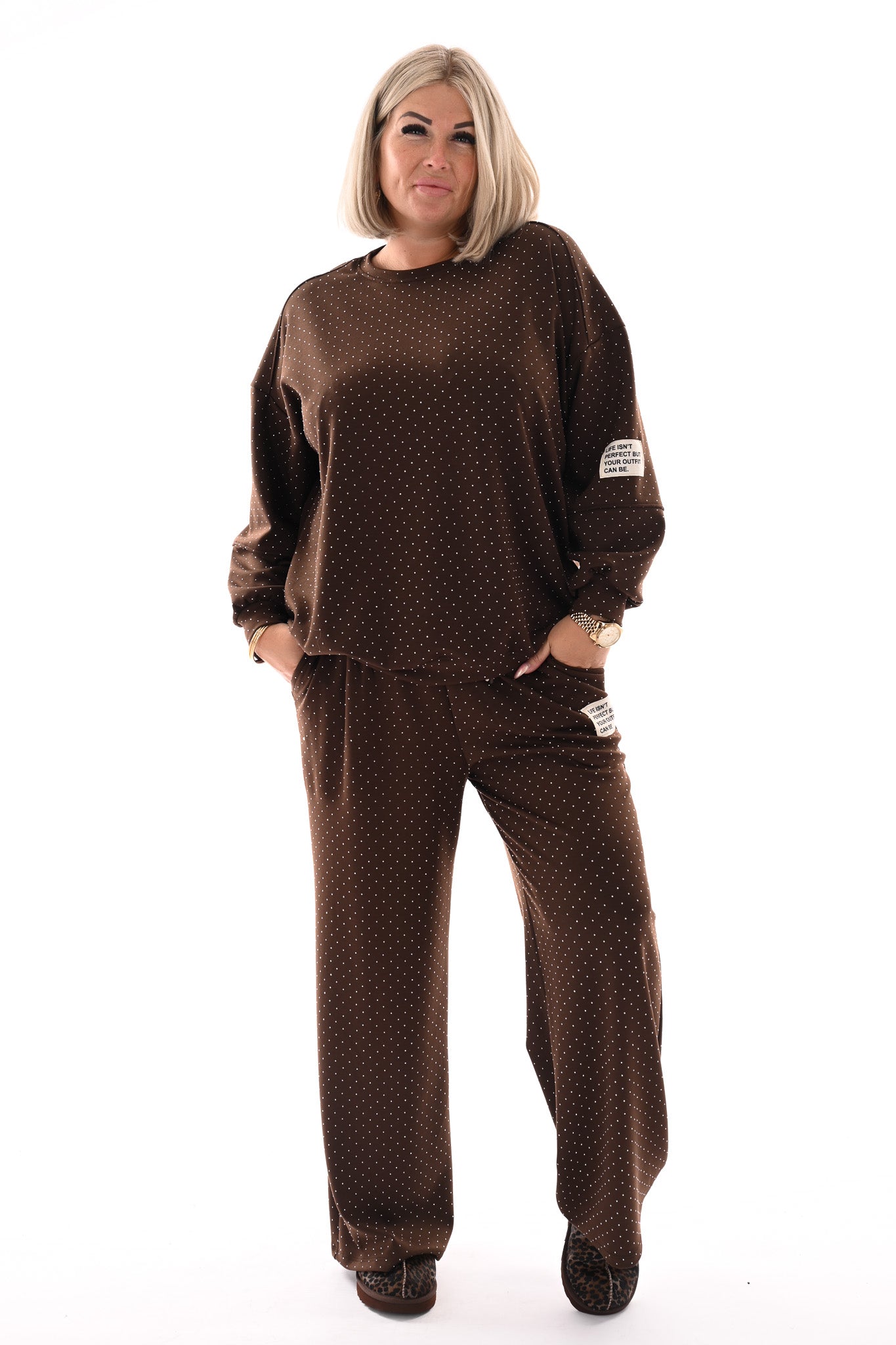 Tweedelig pak applicatie met strass donkerbruin