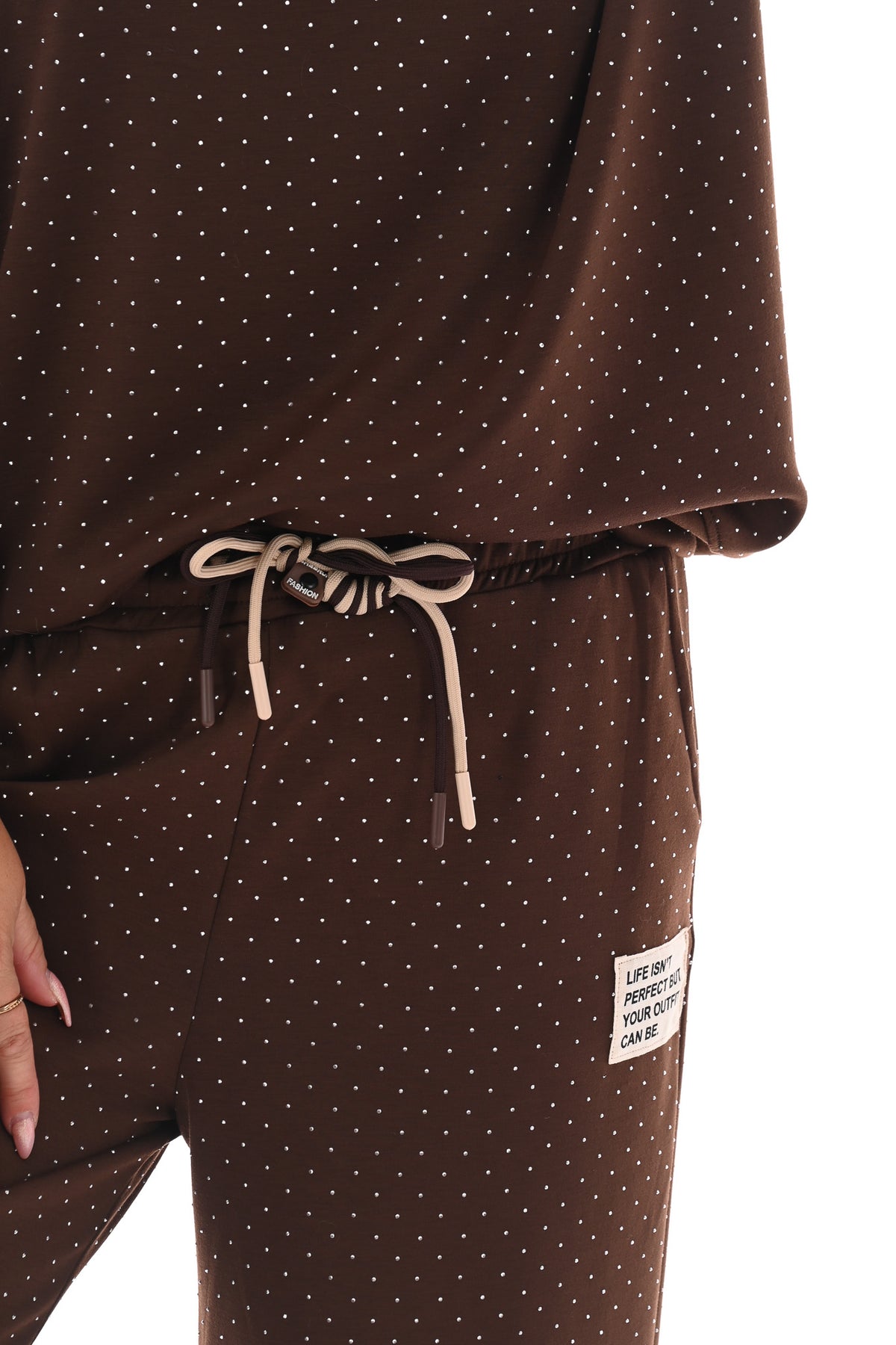 Tweedelig pak applicatie met strass donkerbruin