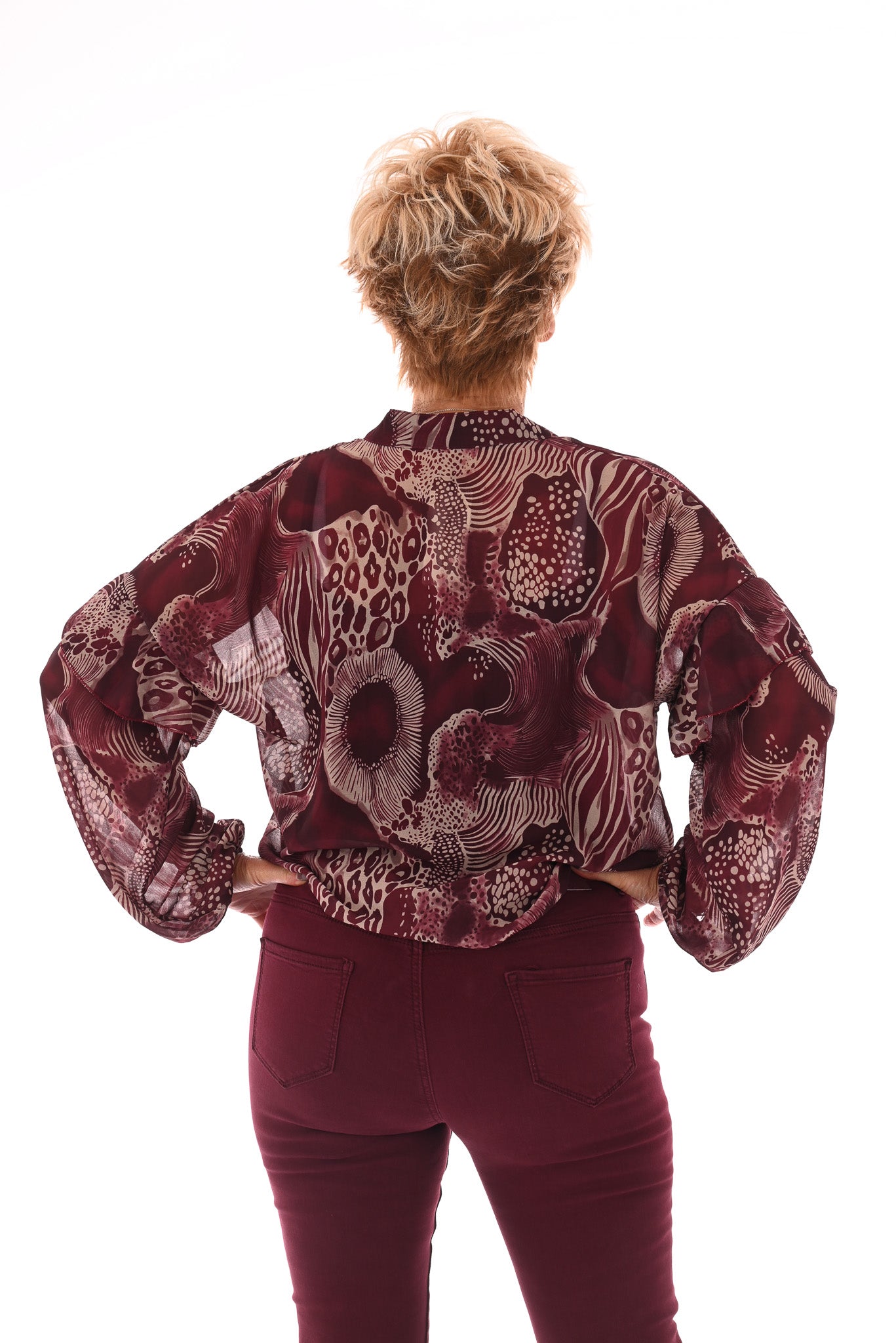 Doorknoop blouse mixed dierenprints bordeaux