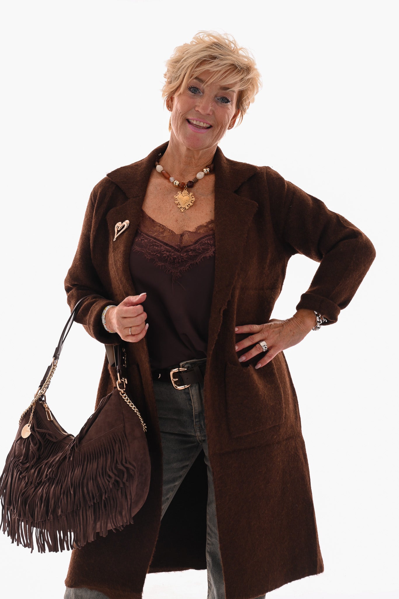 Lang vest met zakken en knoop bruin