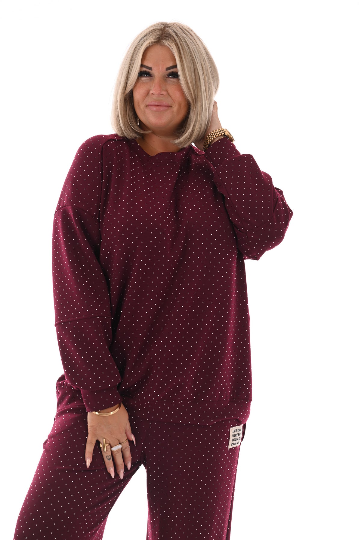 Tweedelig pak applicatie met strass bordeaux