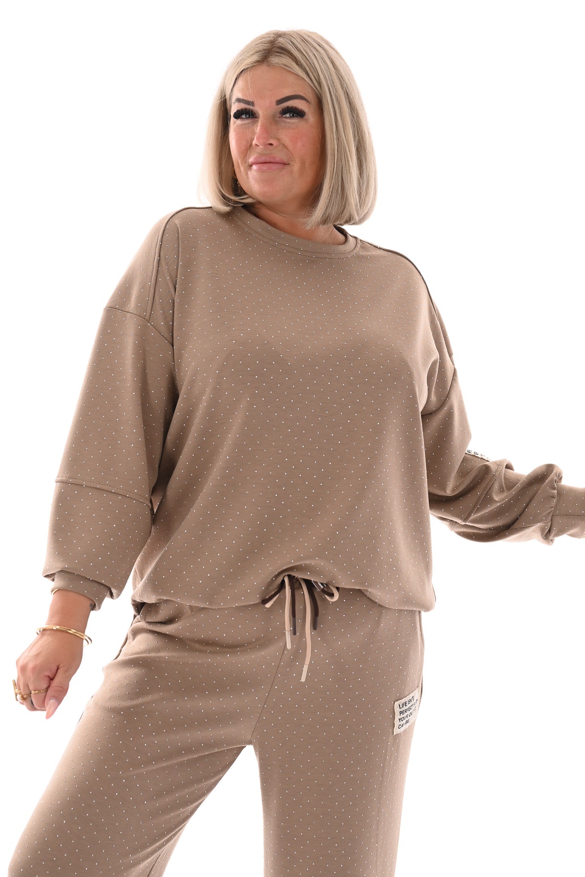 Tweedelig pak applicatie met strass taupe