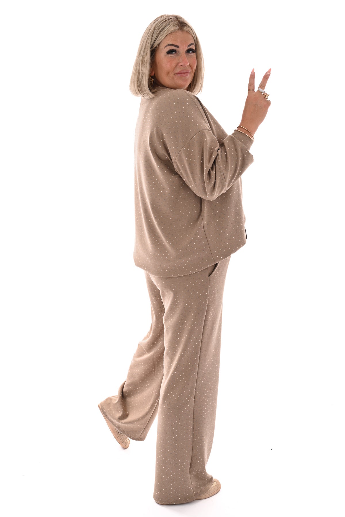 Tweedelig pak applicatie met strass taupe