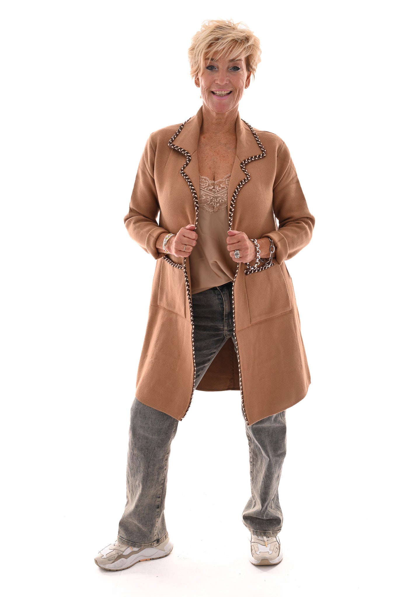 Half lang vest met kraag rand detail camel