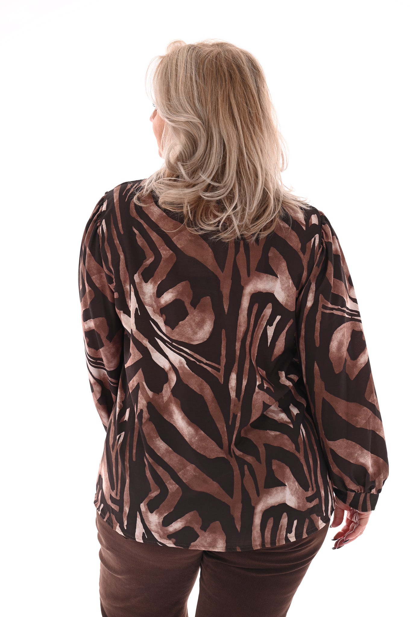 Top v-hals abstracte print donkerbruin