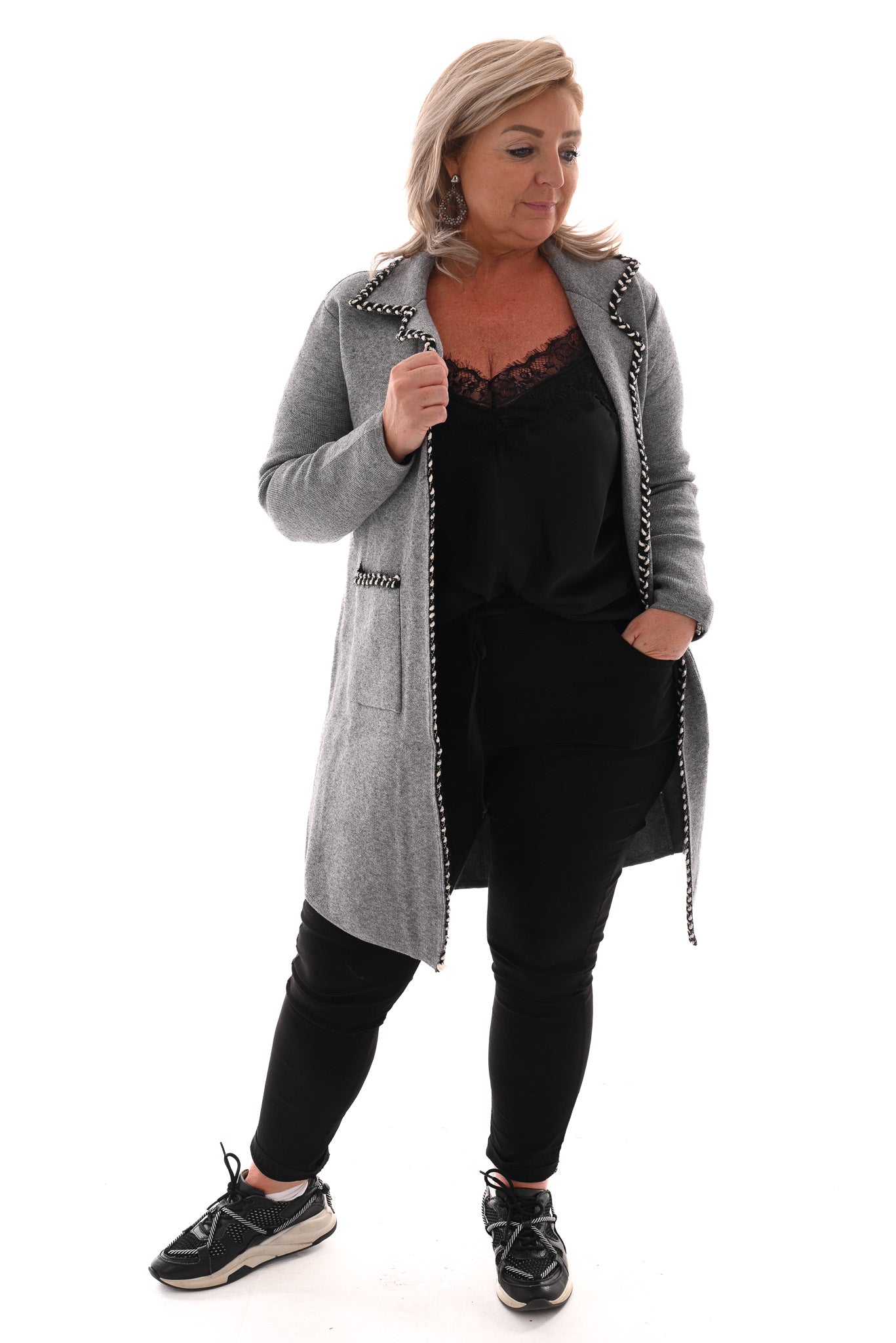 Half lang vest met kraag rand detail grijs