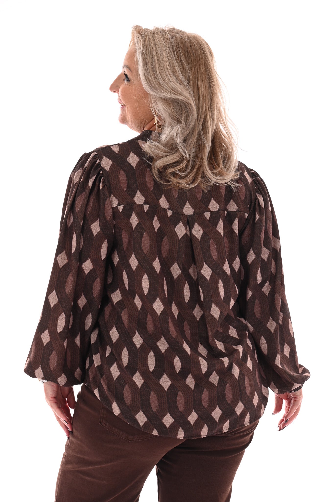 Top lange mouwen v-hals vlechtpatroon donkerbruin