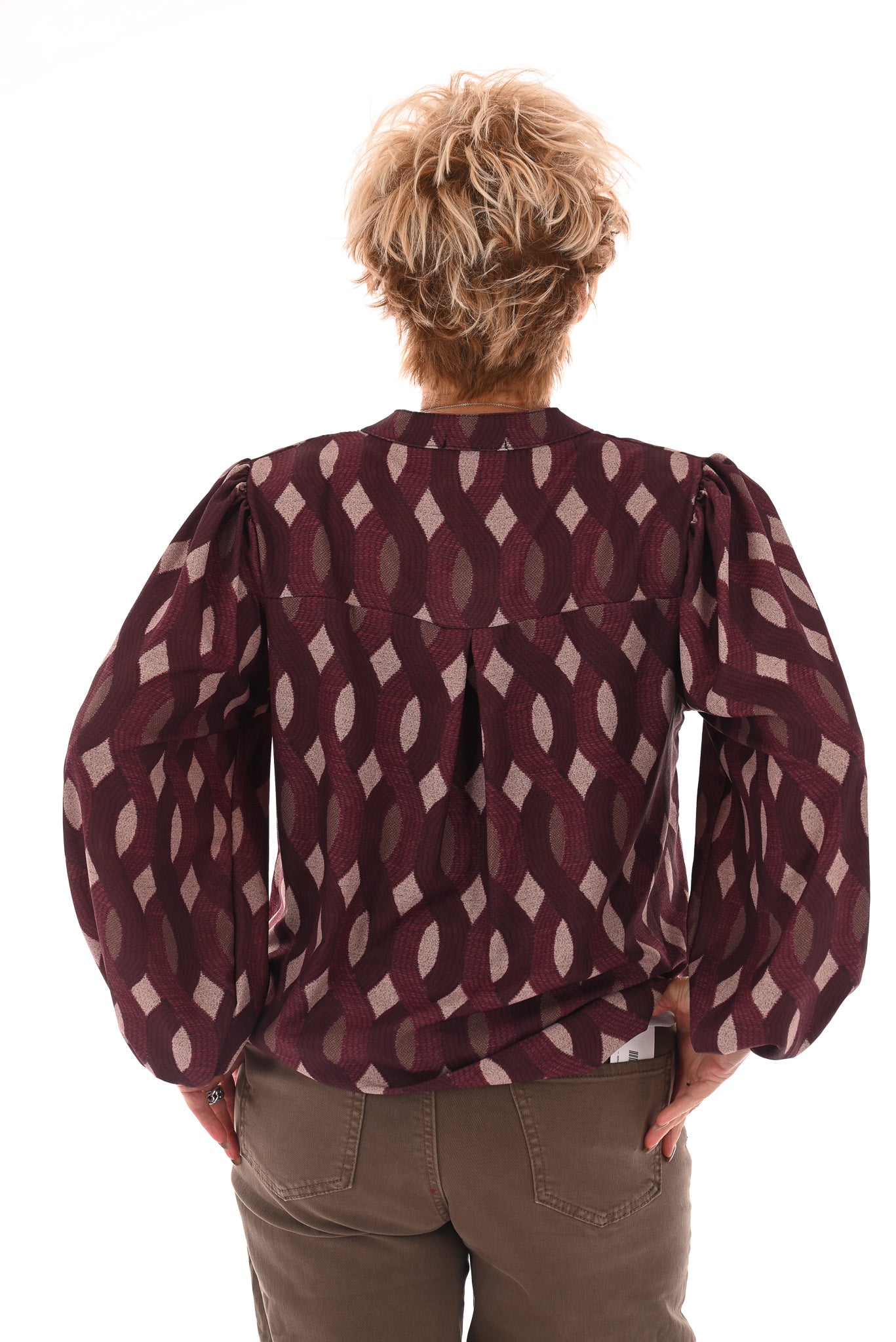 Top lange mouwen v-hals vlechtpatroon bordeaux