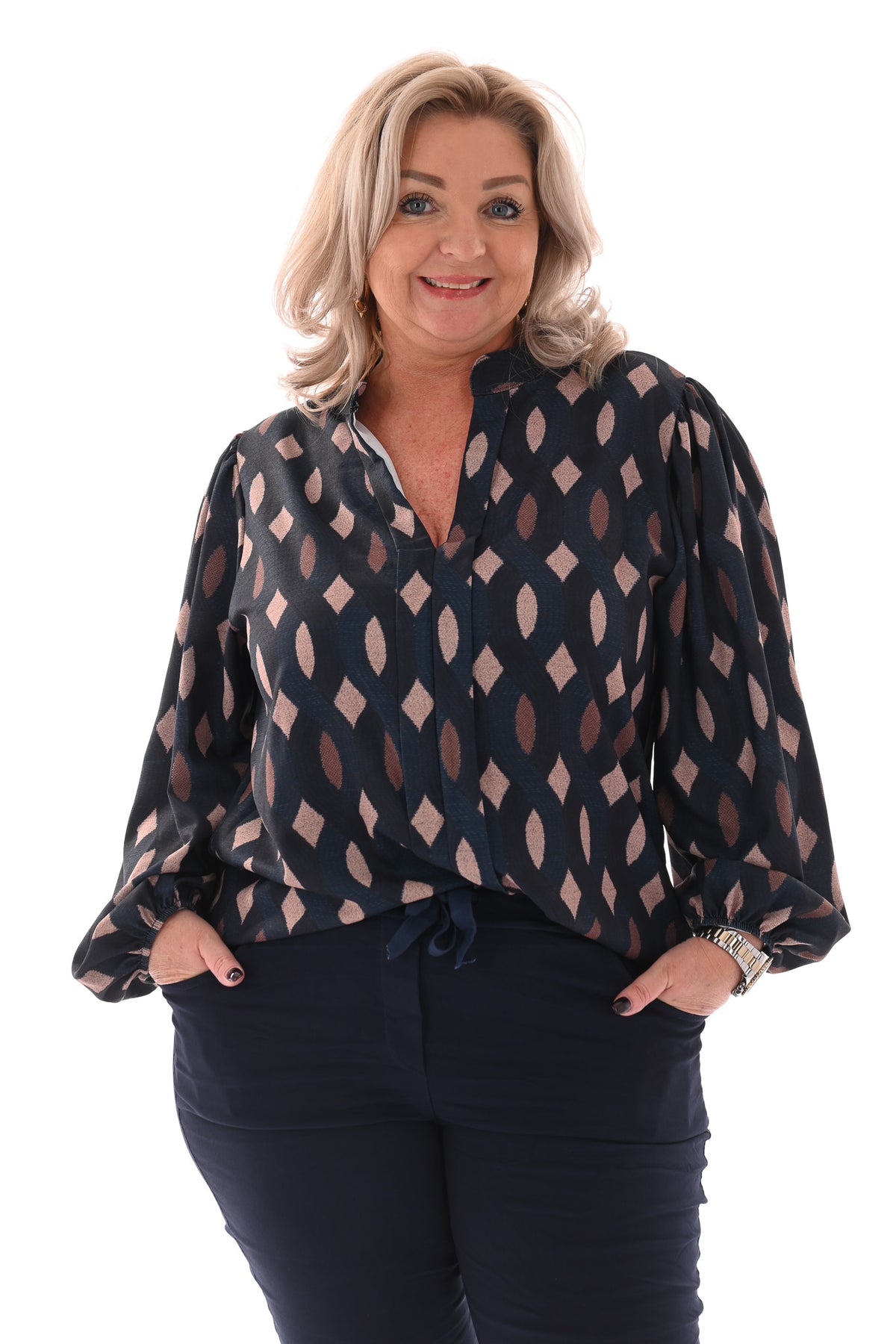 Top lange mouwen v-hals vlechtpatroon marineblauw