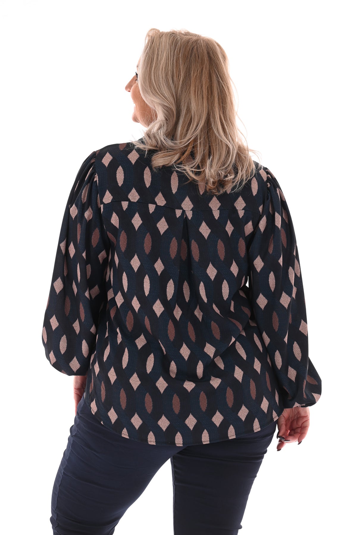 Top lange mouwen v-hals vlechtpatroon marineblauw