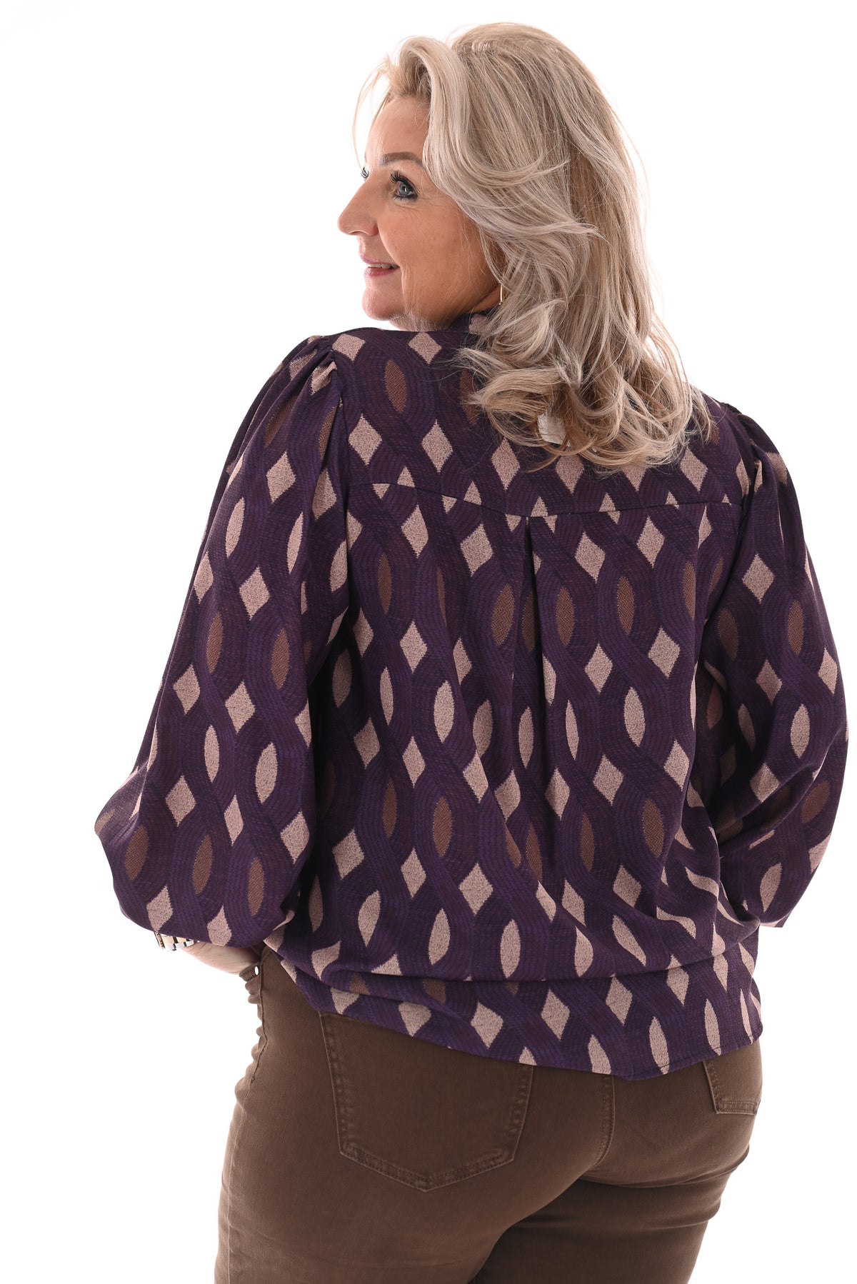 Top lange mouwen v-hals vlechtpatroon paars