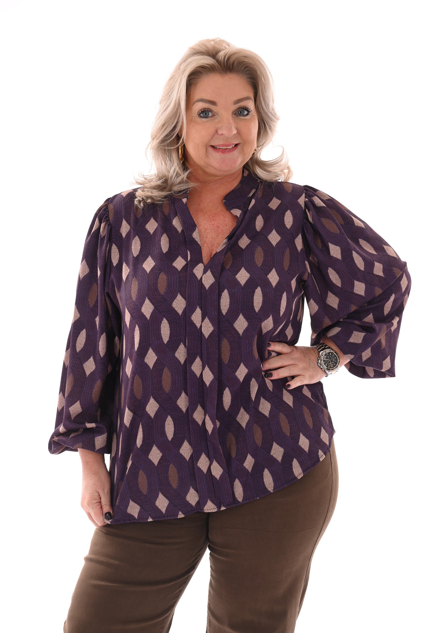 Top lange mouwen v-hals vlechtpatroon paars