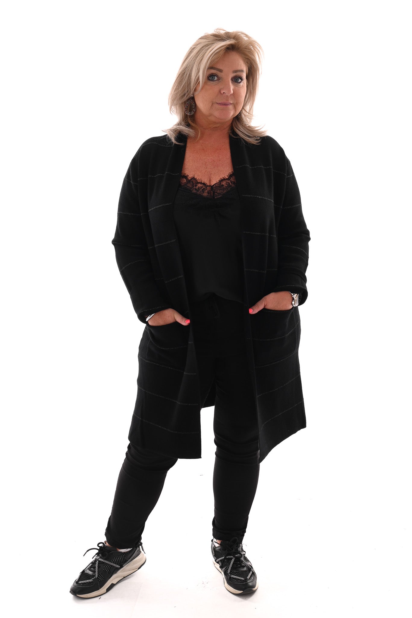 Half lang vest met streep glitter zwart