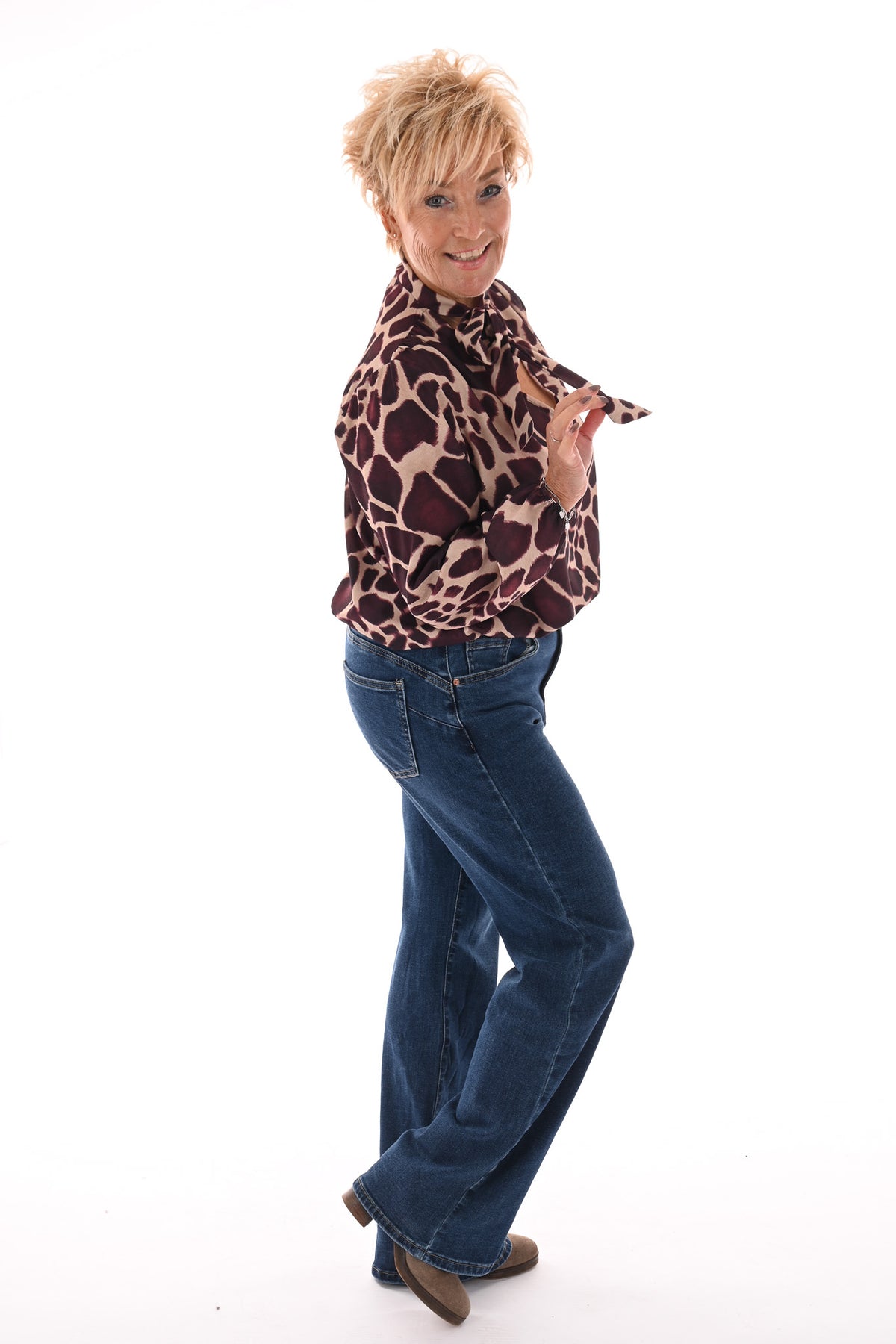 Blouse met strik print giraffe aubergine