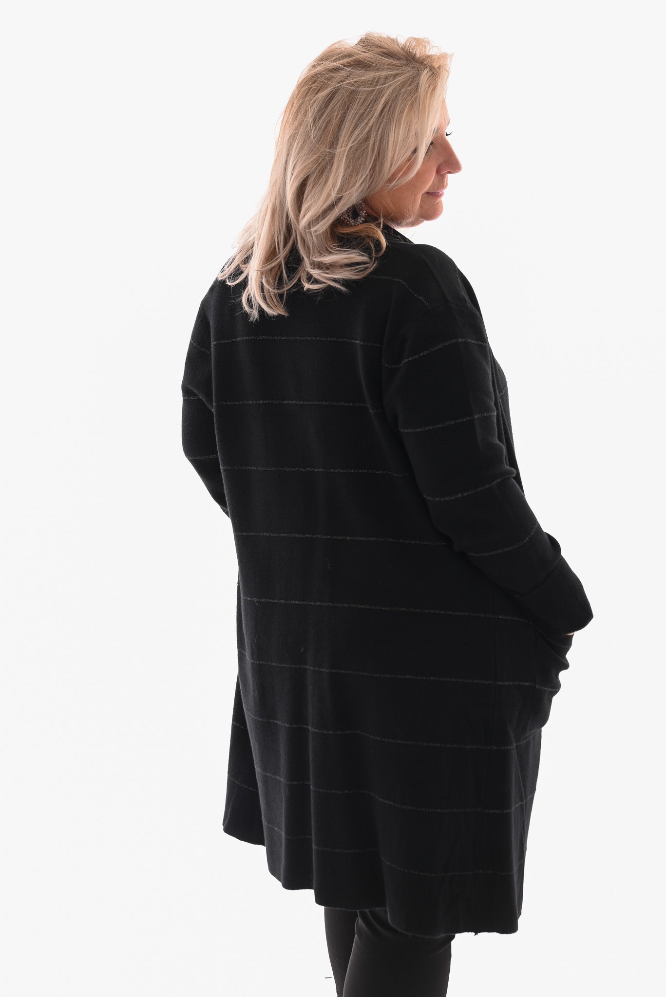 Half lang vest met streep glitter zwart