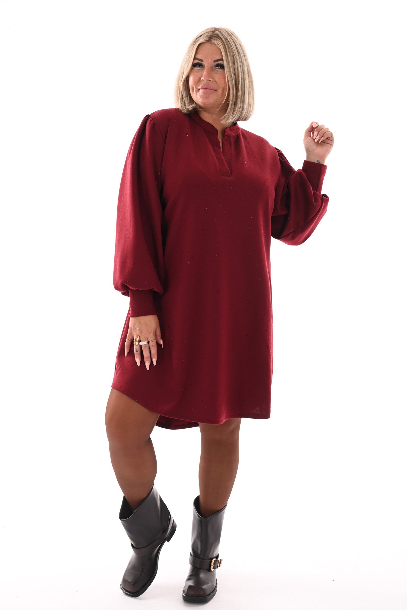 Jurk deluxe v-hals pofmouwen met strass bordeaux