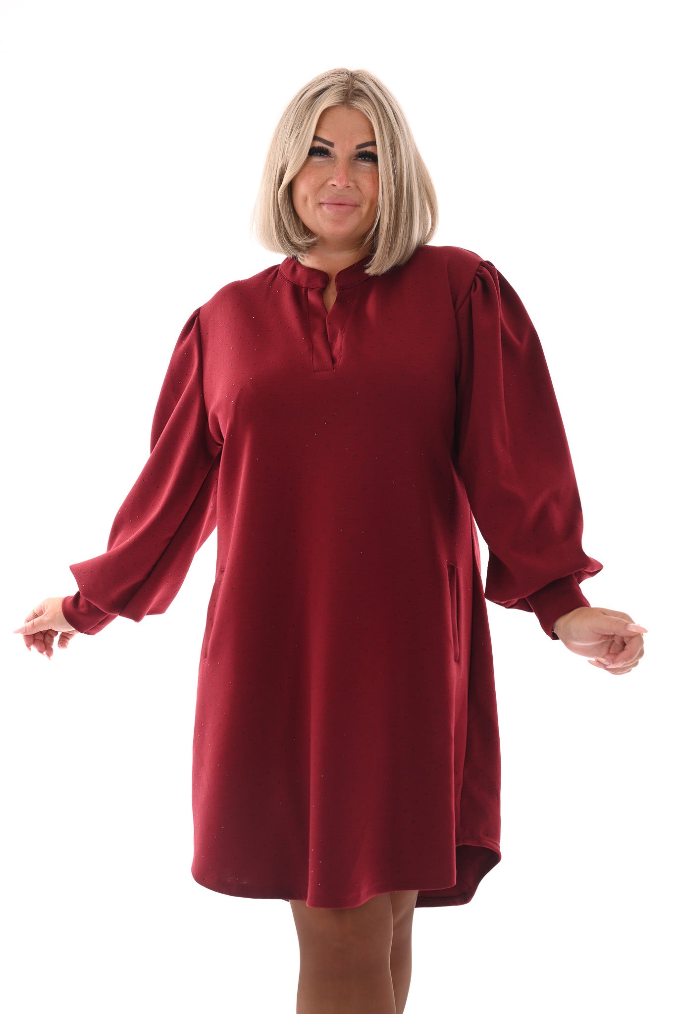 Jurk deluxe v-hals pofmouwen met strass bordeaux