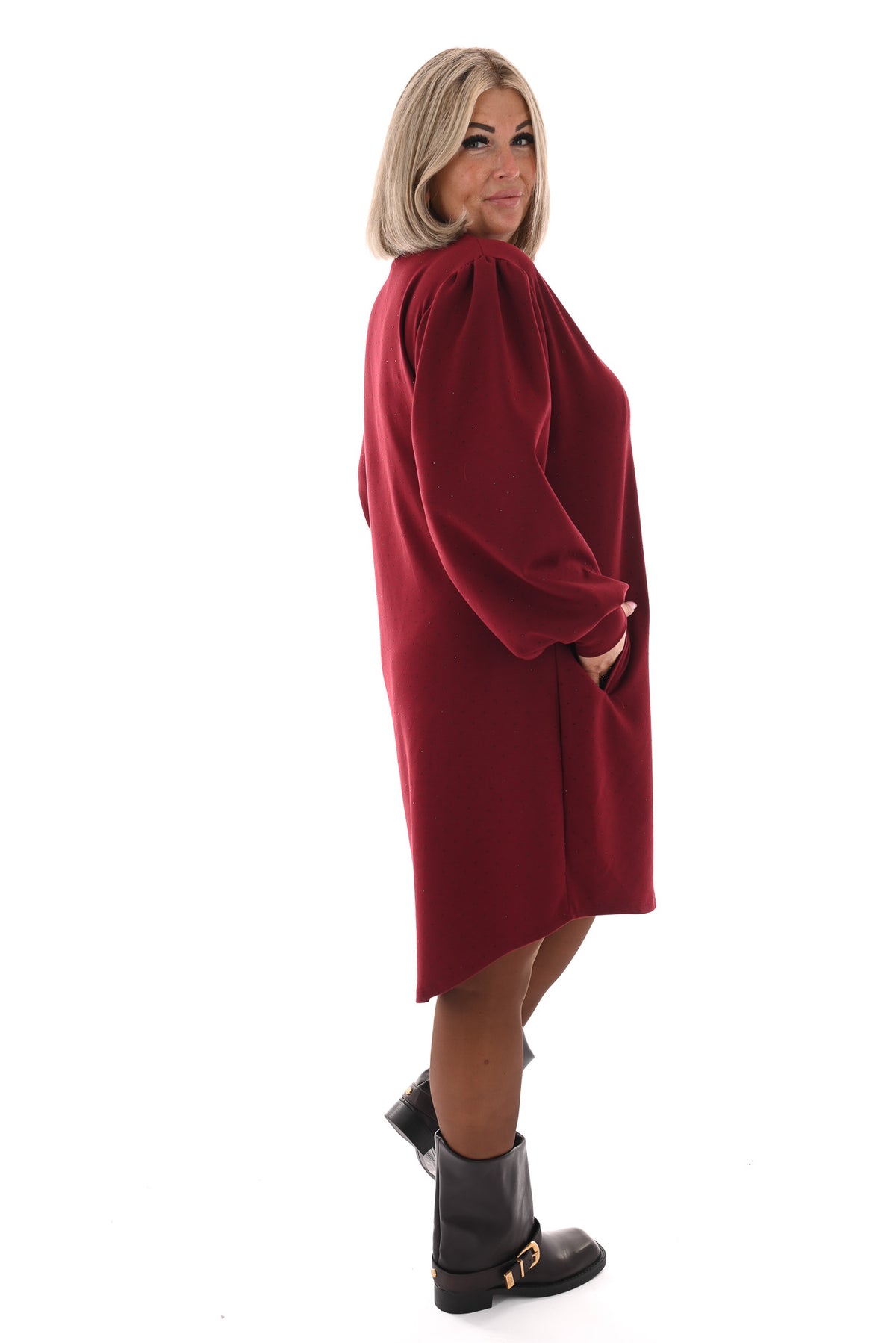 Jurk deluxe v-hals pofmouwen met strass bordeaux
