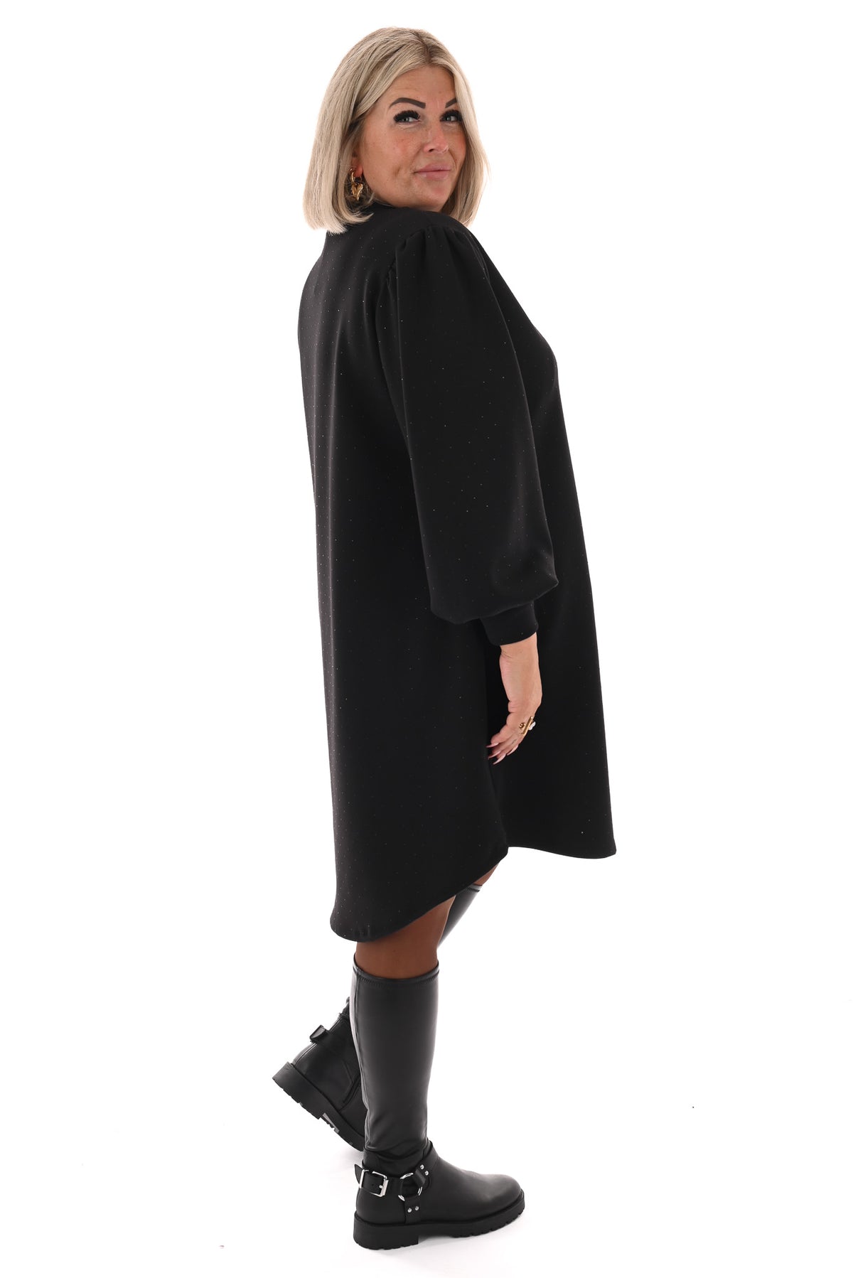 Jurk deluxe v-hals pofmouwen met strass zwart