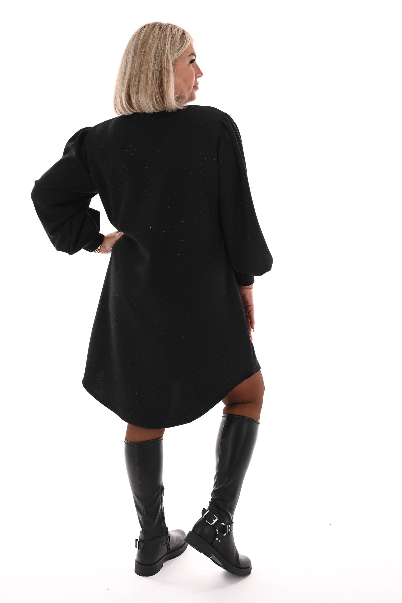 Jurk deluxe v-hals pofmouwen met strass zwart