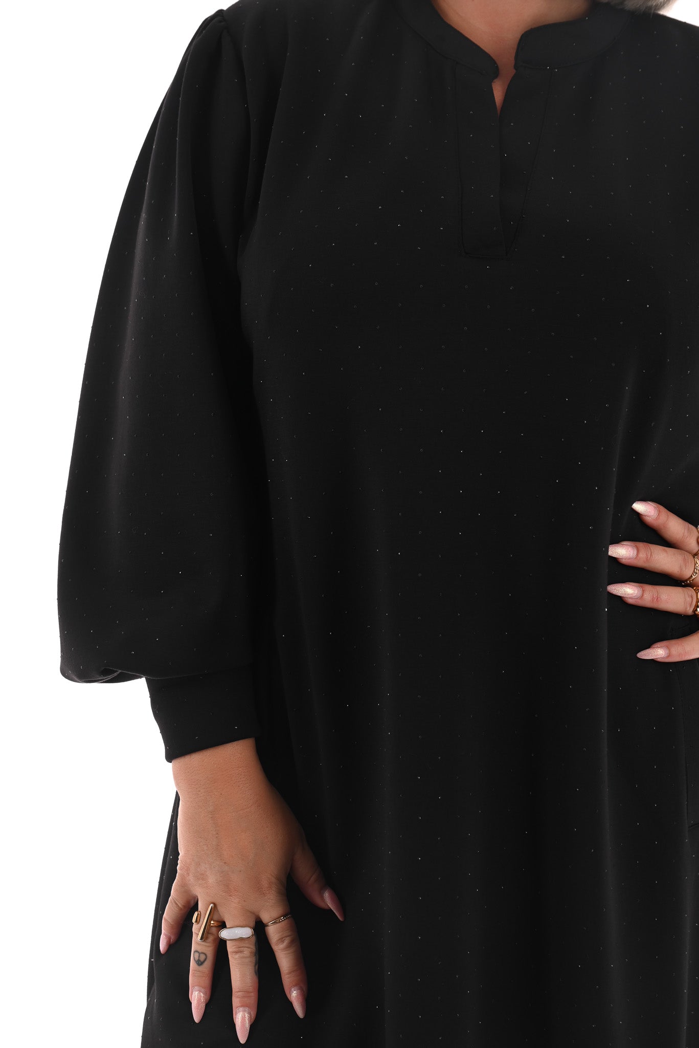 Jurk deluxe v-hals pofmouwen met strass zwart