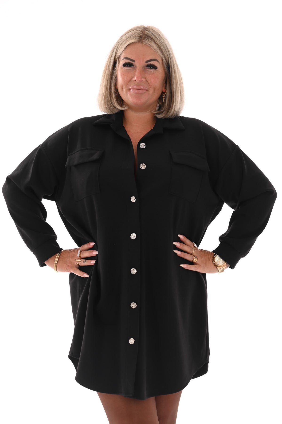 Half lange doorknoop blouse uni zwart