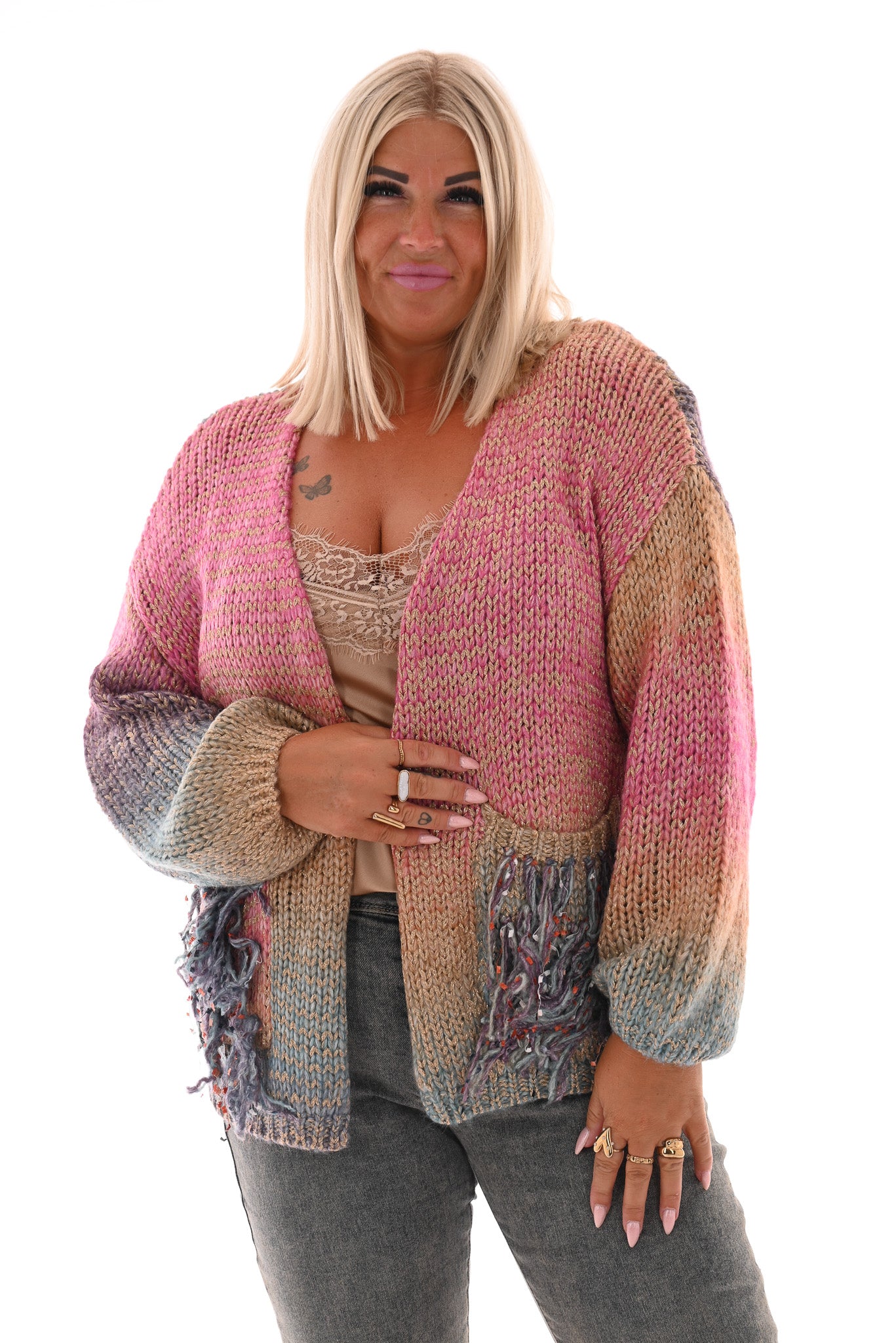 Gebreid vest gekleurd met franjes paars/roze