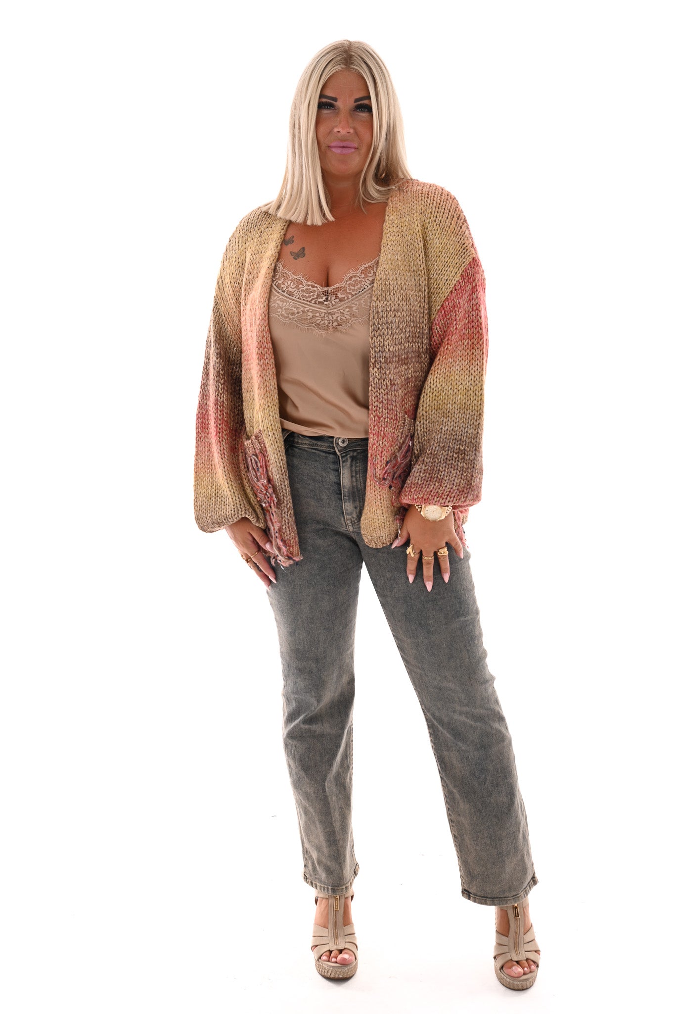 Gebreid vest gekleurd met franjes rood/beige