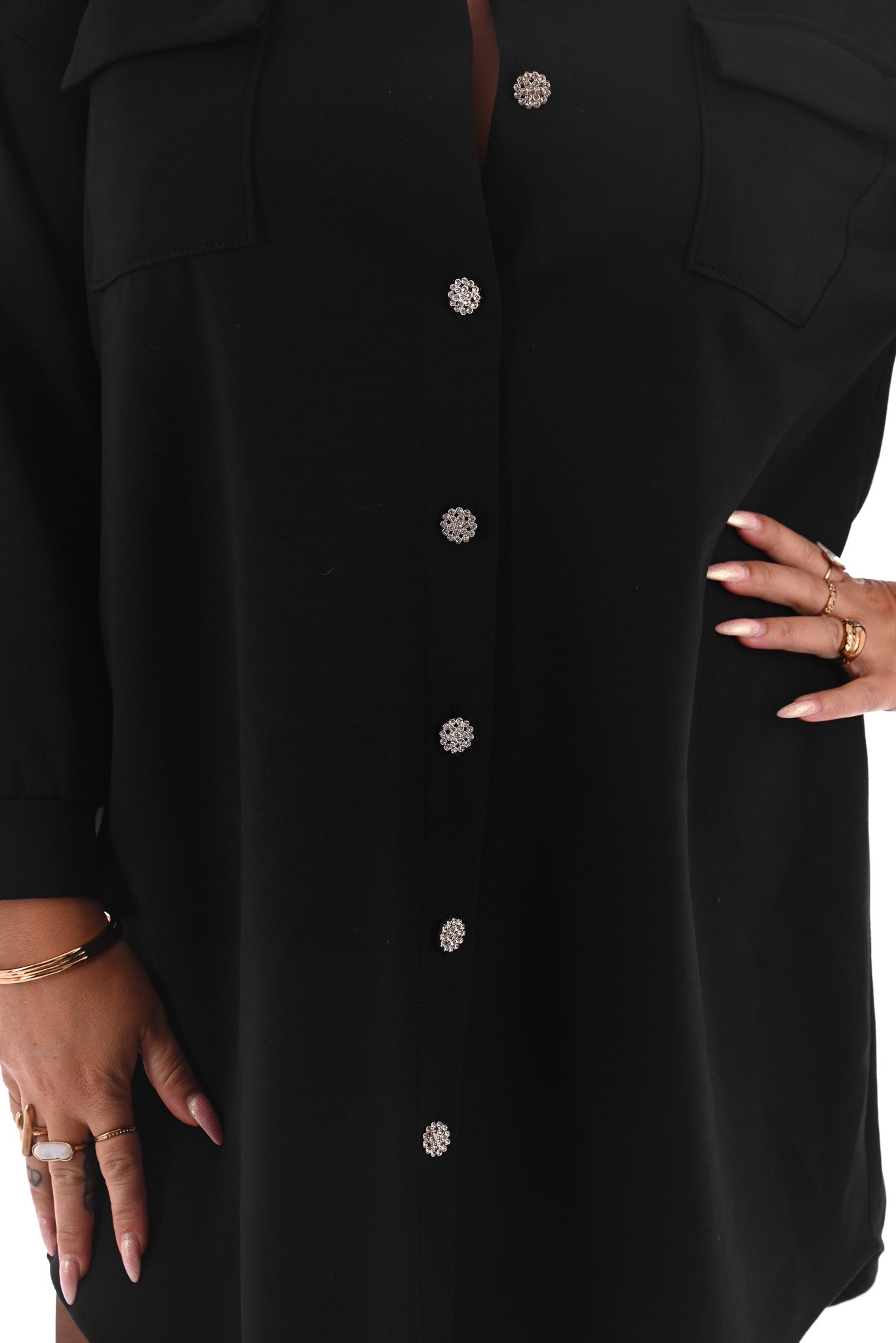 Half lange doorknoop blouse uni zwart