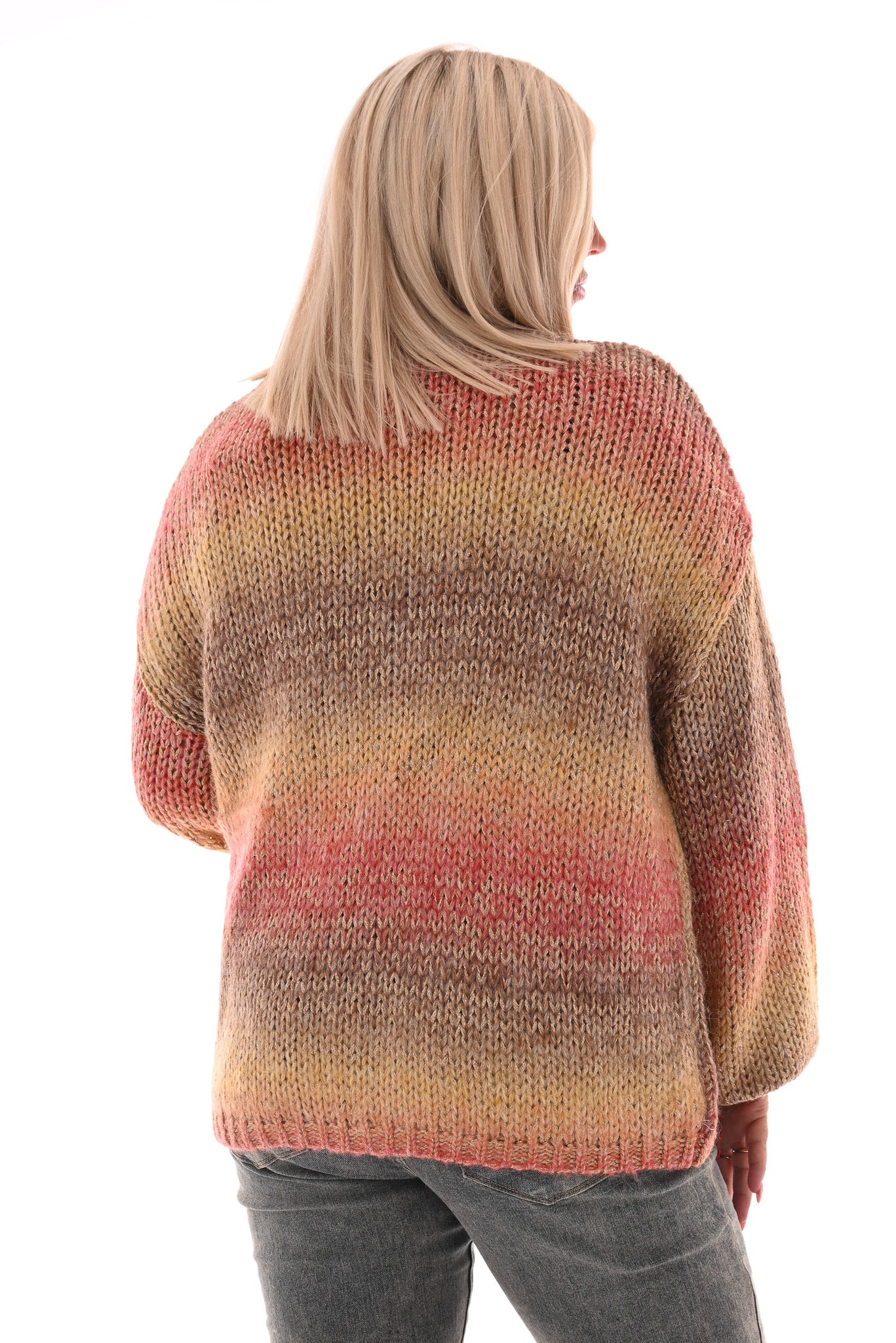 Gebreid vest gekleurd met franjes rood/beige