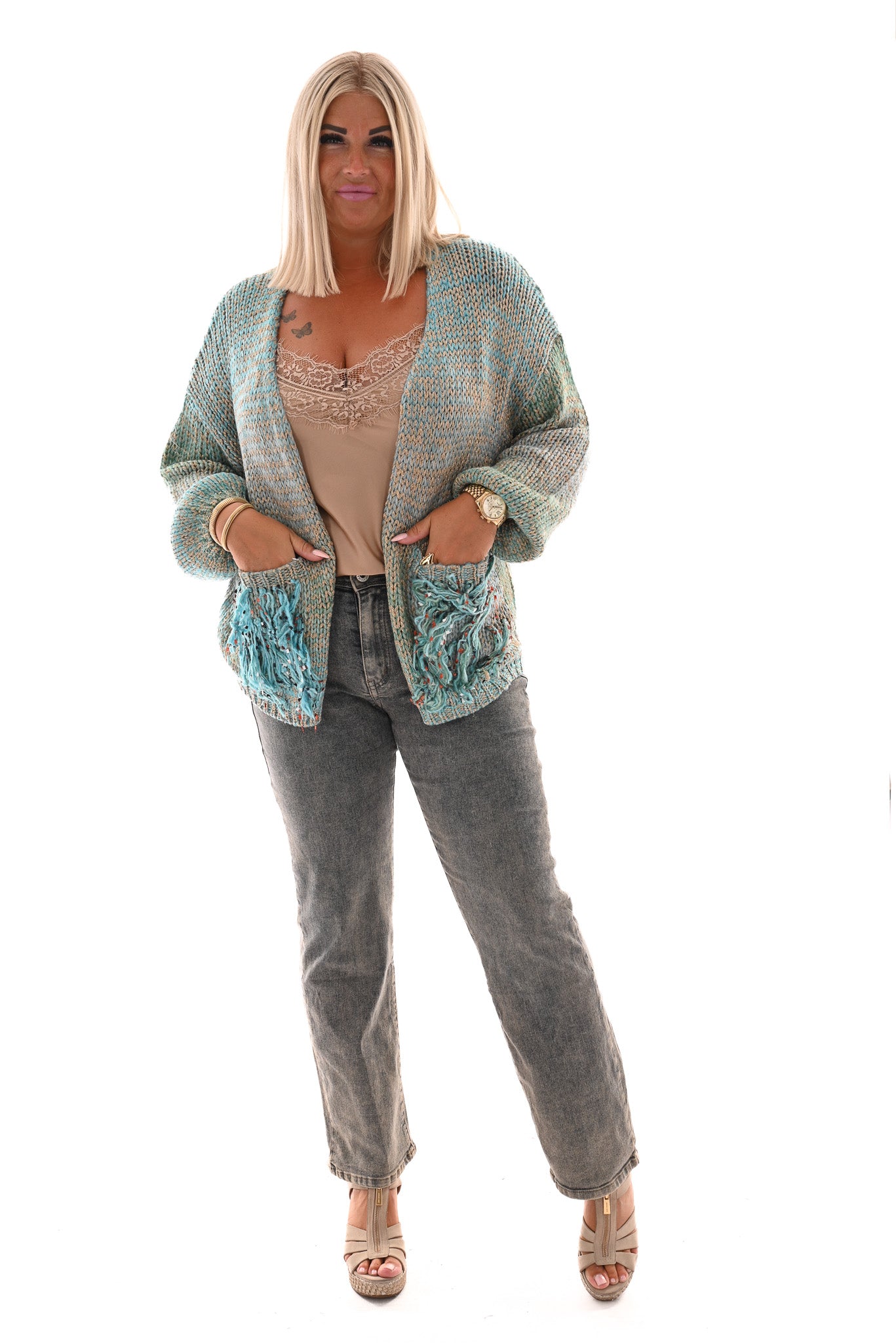 Gebreid vest gekleurd met franjes blauw
