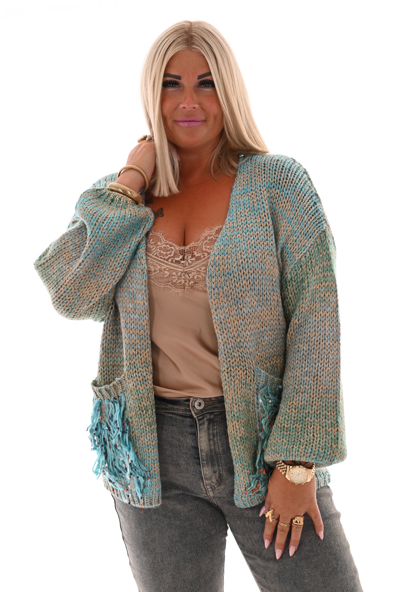 Gebreid vest gekleurd met franjes blauw