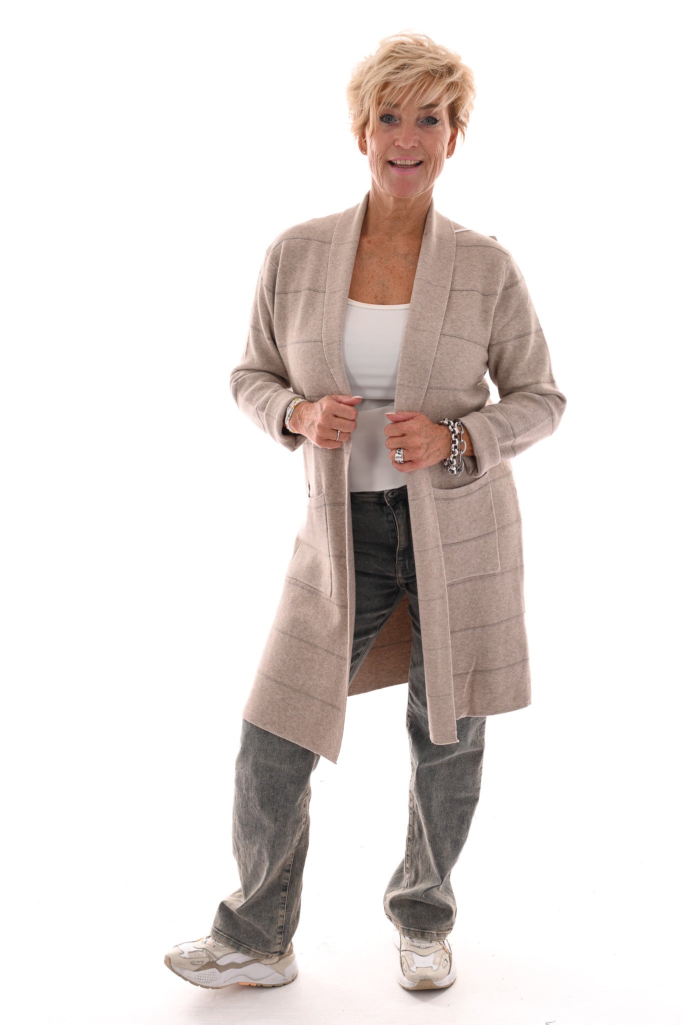 Half lang vest met streep glitter beige