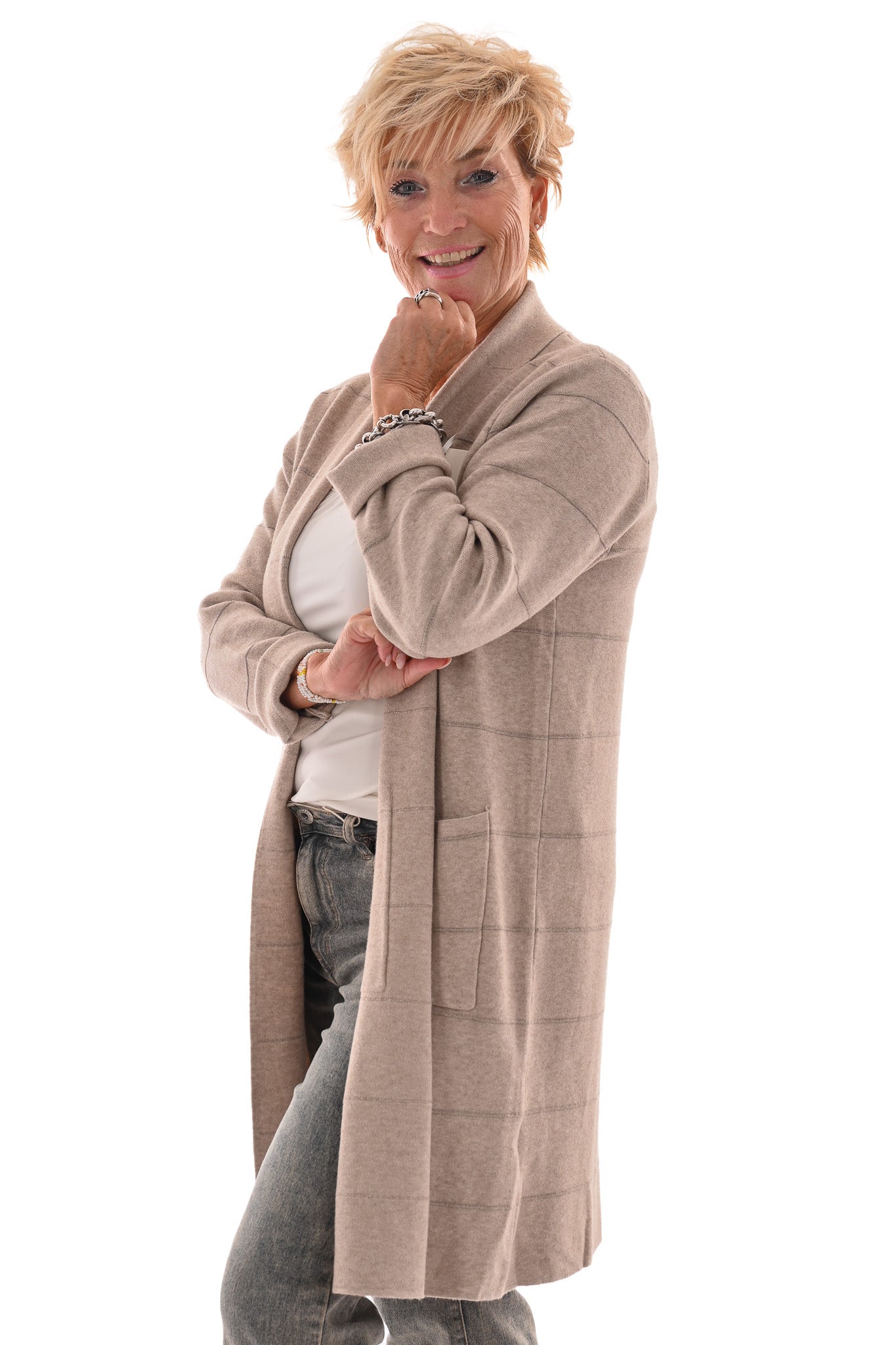 Half lang vest met streep glitter beige
