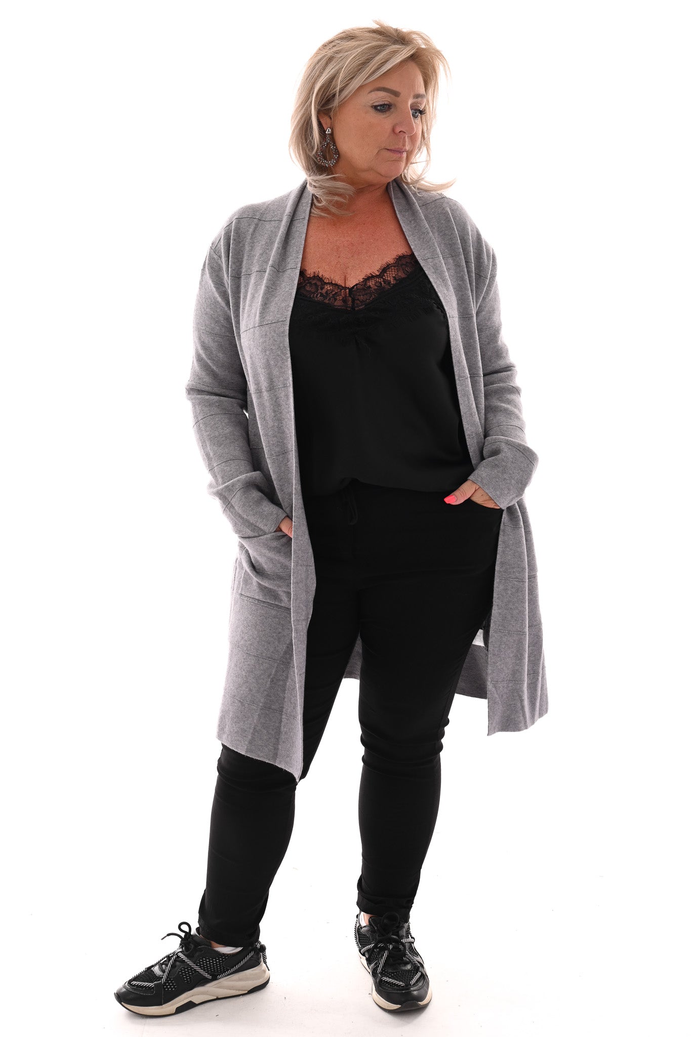 Half lang vest met streep glitter grijs