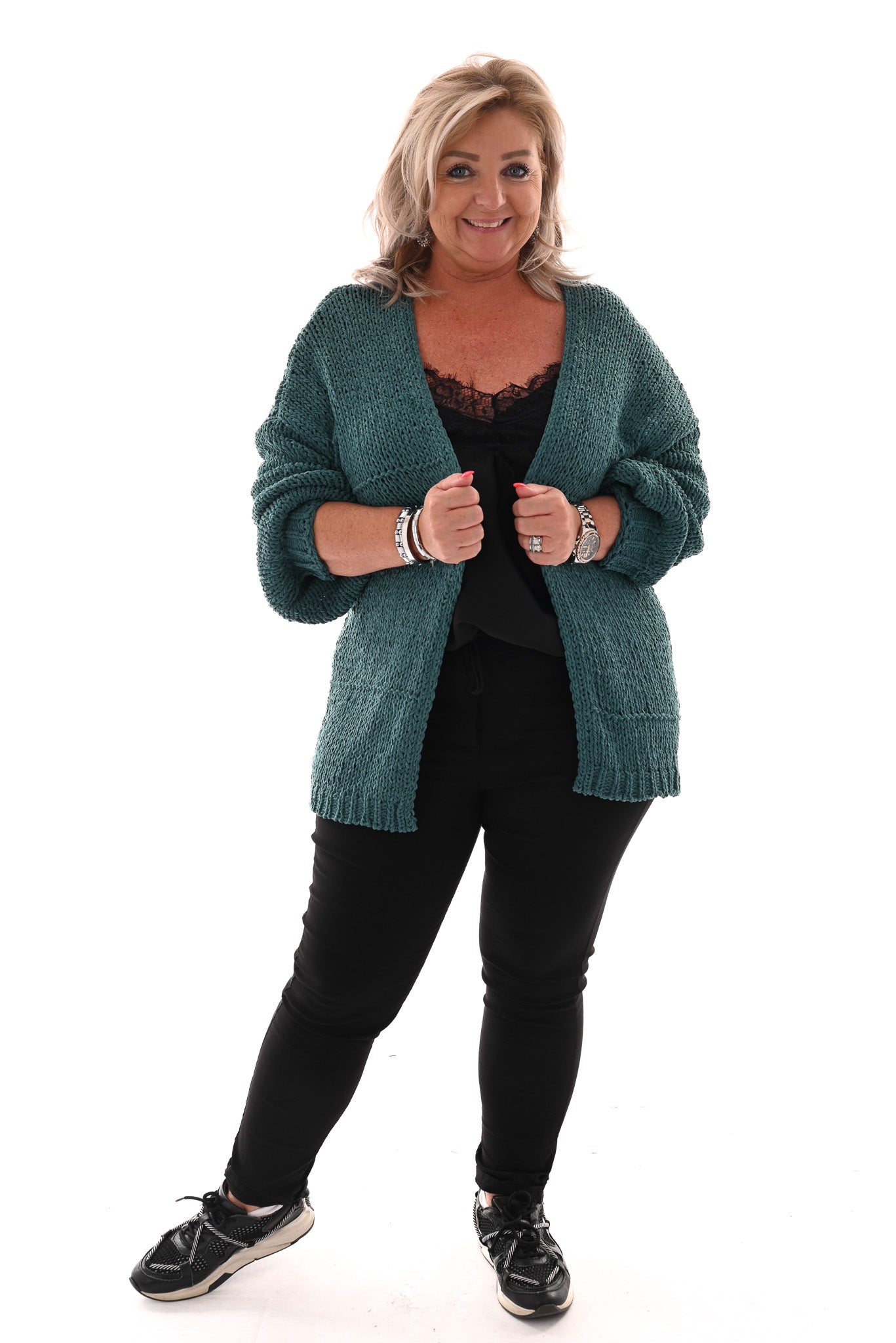 Kort grof gebreid vest pofmouwen turquoise