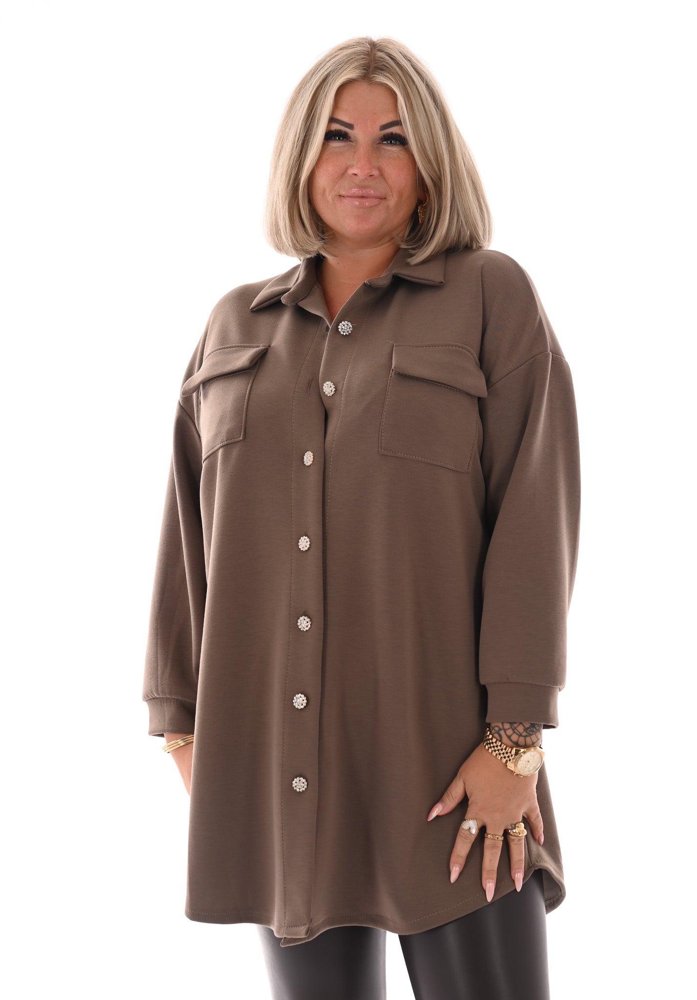 Half lange doorknoop blouse uni taupe