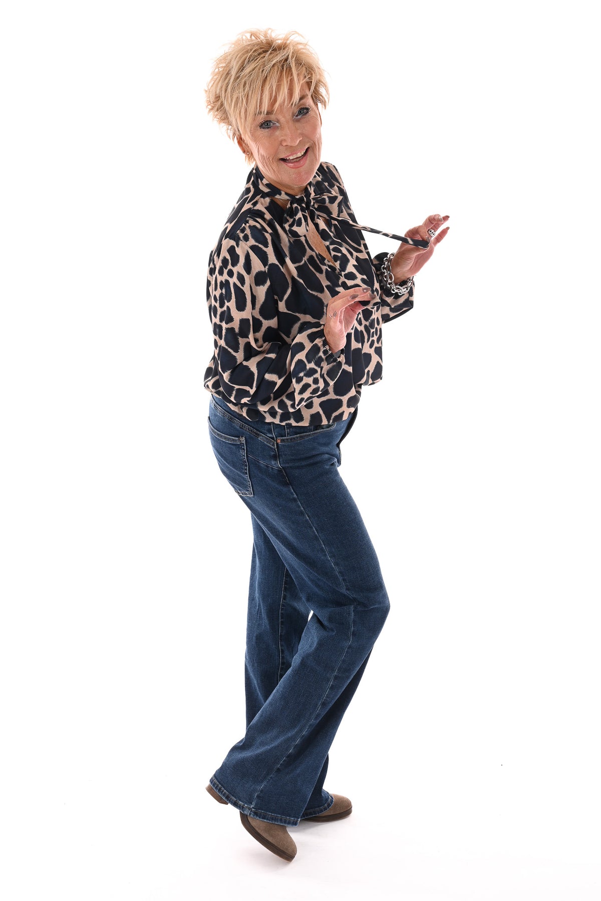 Blouse met strik print giraffe marineblauw