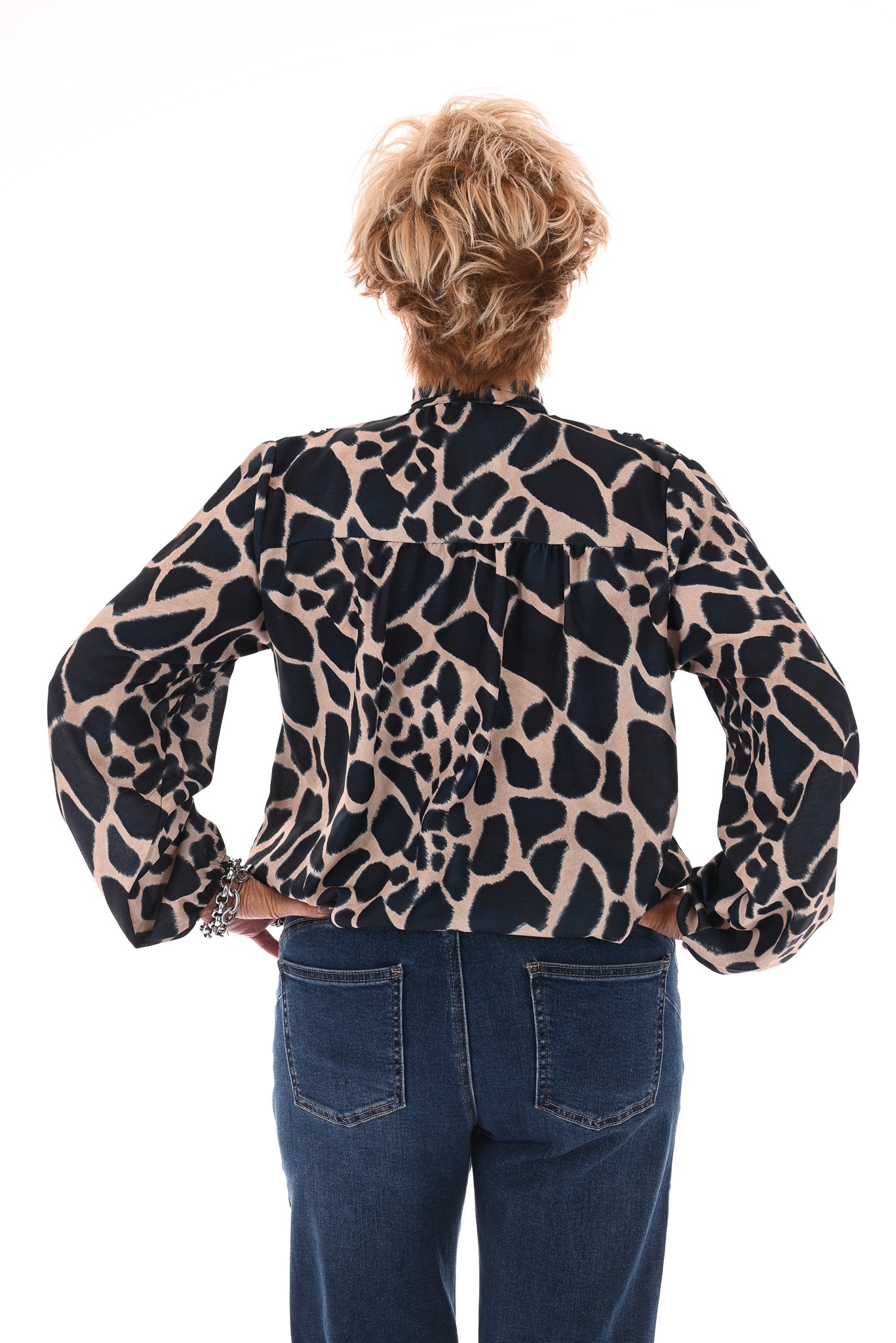 Blouse met strik print giraffe marineblauw