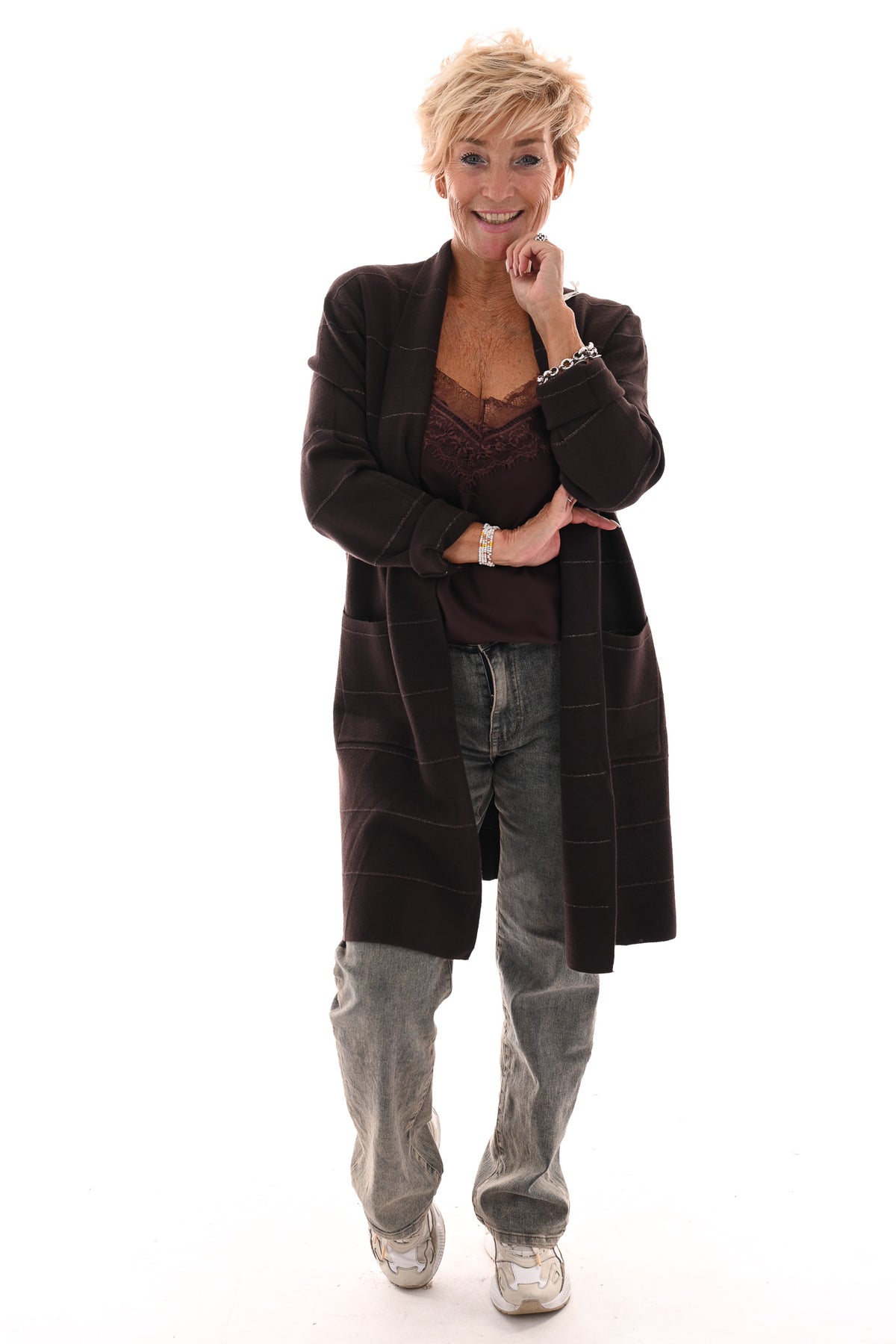 Half lang vest met streep glitter donkerbruin