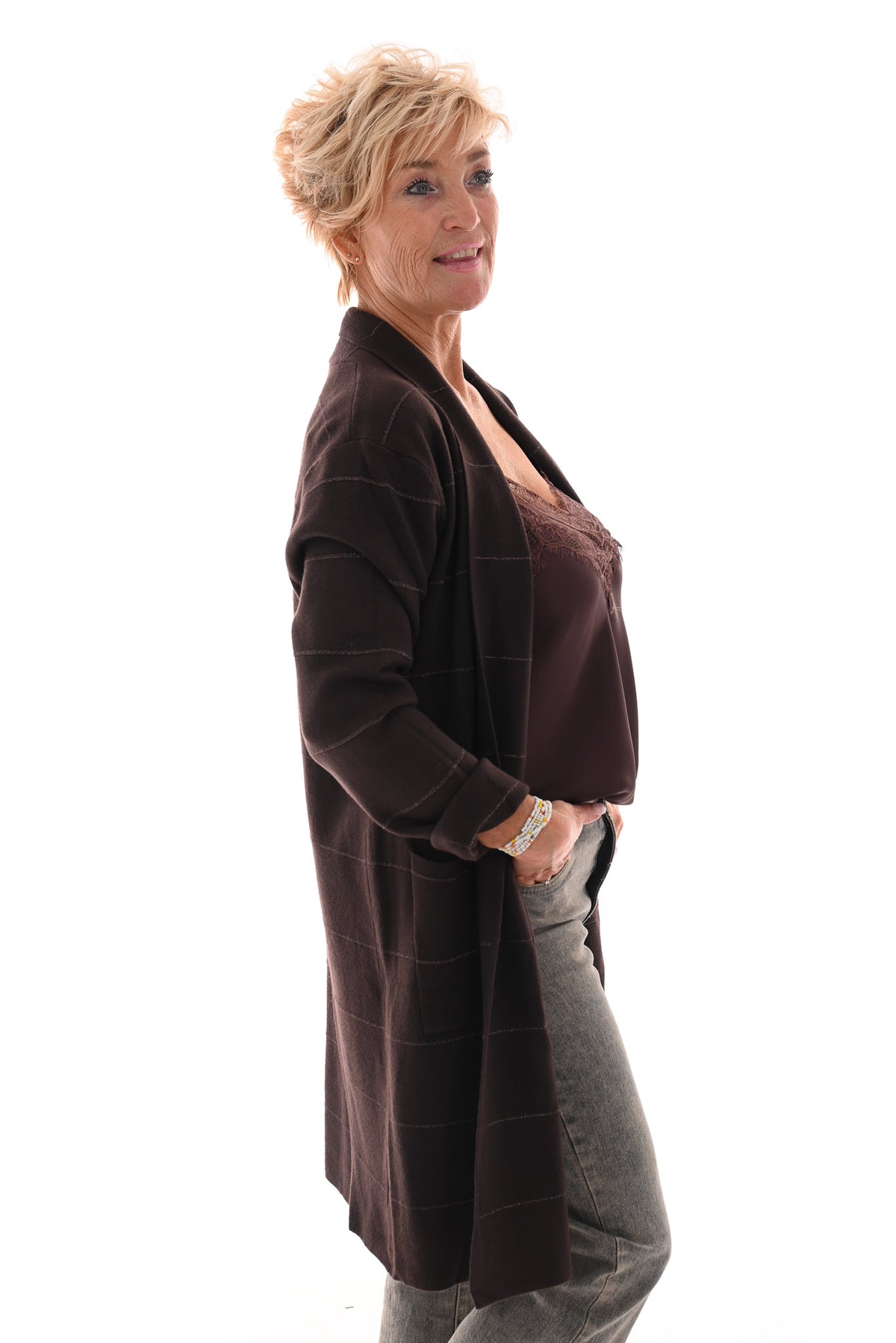 Half lang vest met streep glitter donkerbruin