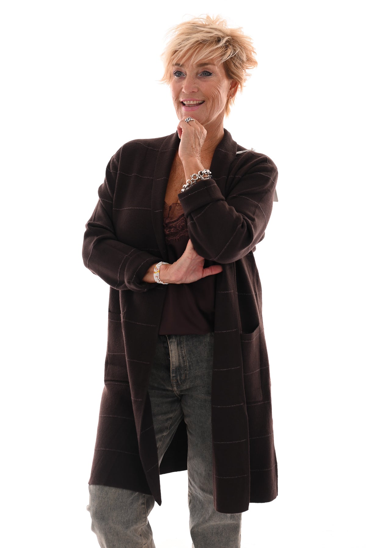 Half lang vest met streep glitter donkerbruin