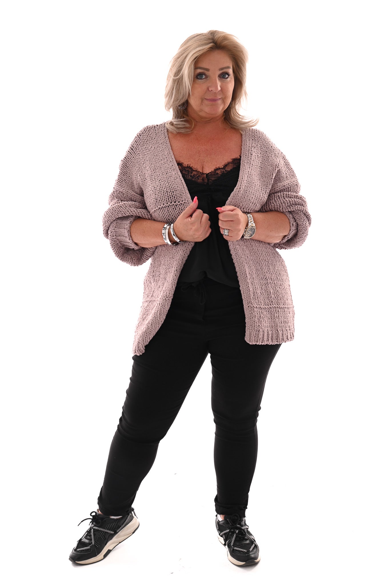 Kort grof gebreid vest pofmouwen taupe