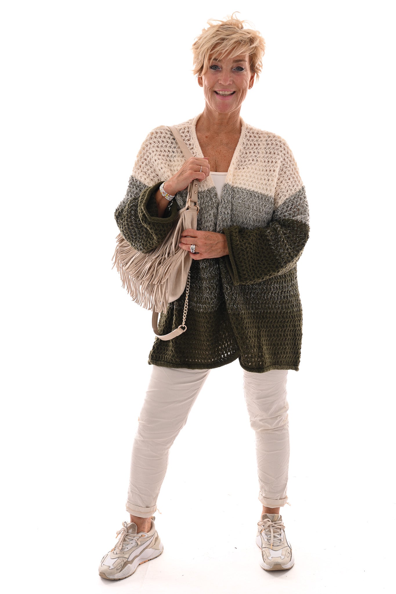 Grof gebreid vest met kleur overloop wit/groen