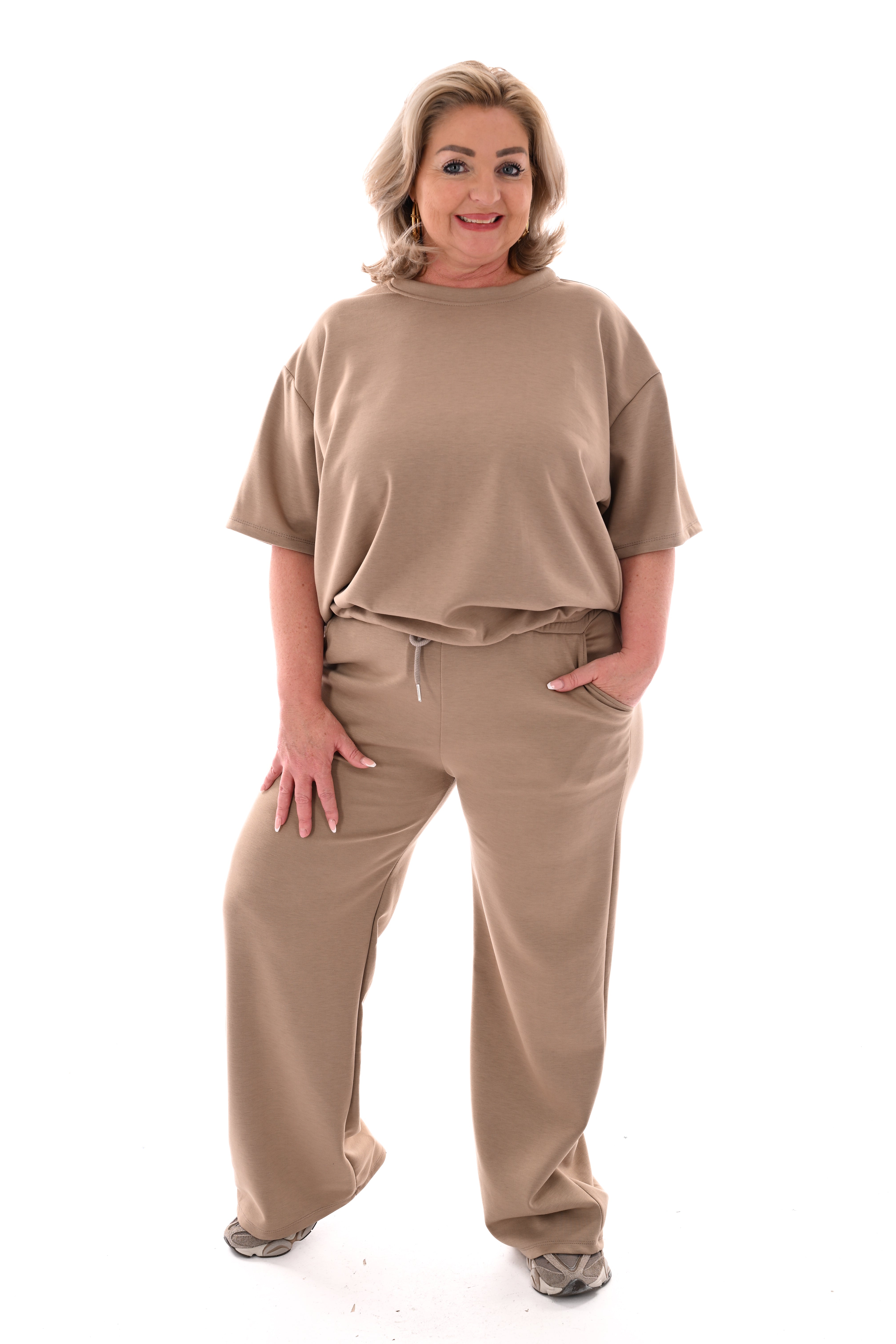 Tweedelig set elastieken band korte mouwen taupe