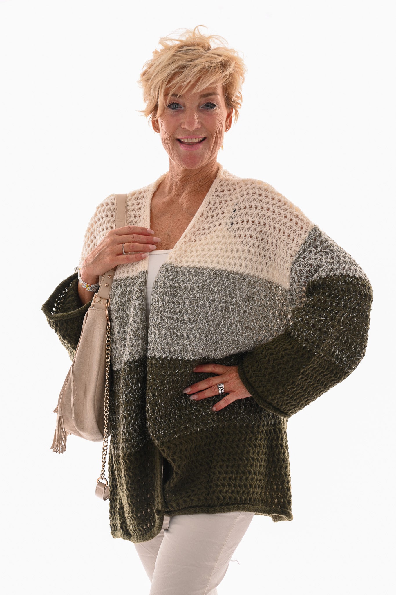 Grof gebreid vest met kleur overloop wit/groen